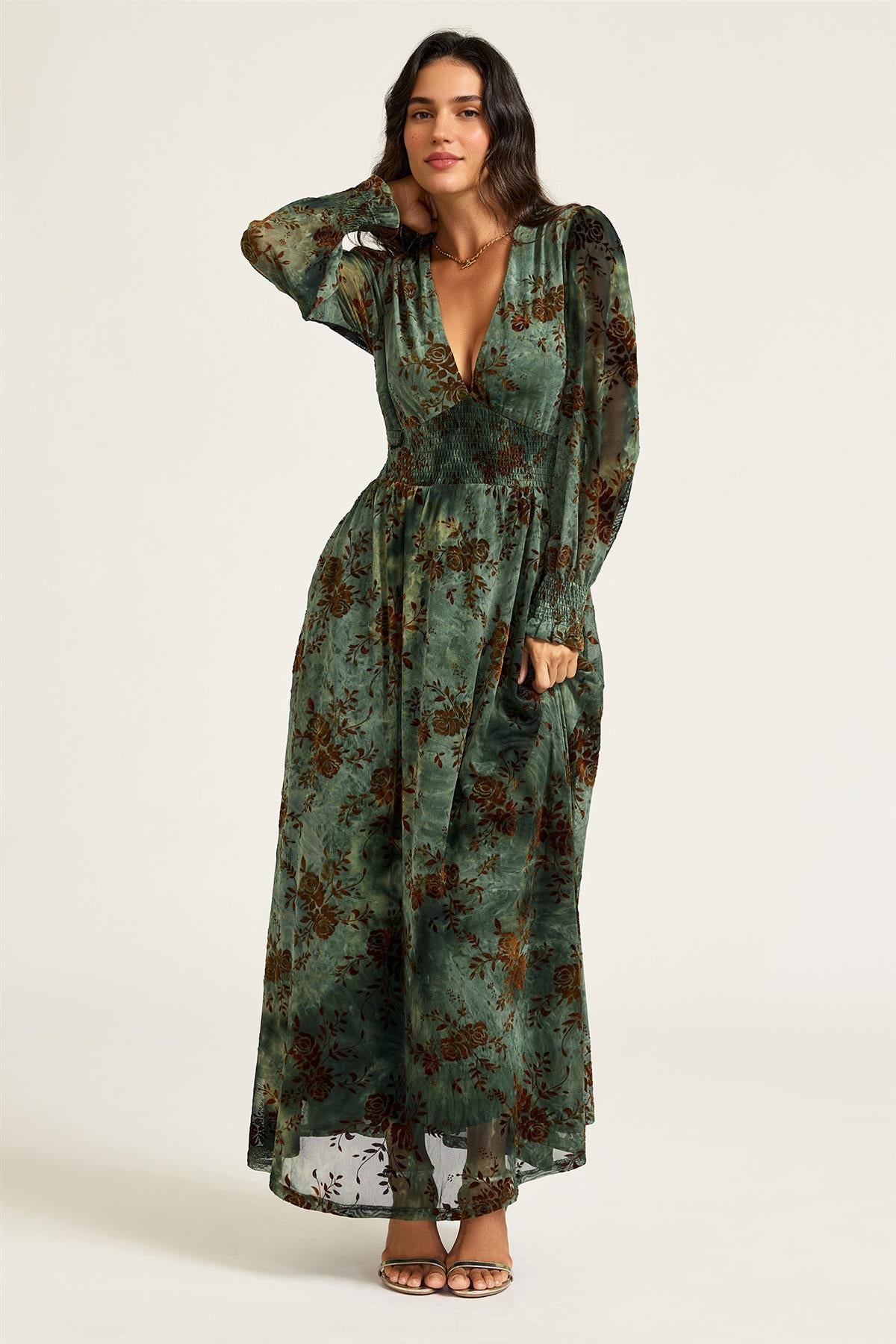 FS Collection Brown Floral Velvet Devore Long Sleeve Maxi Dress In Green