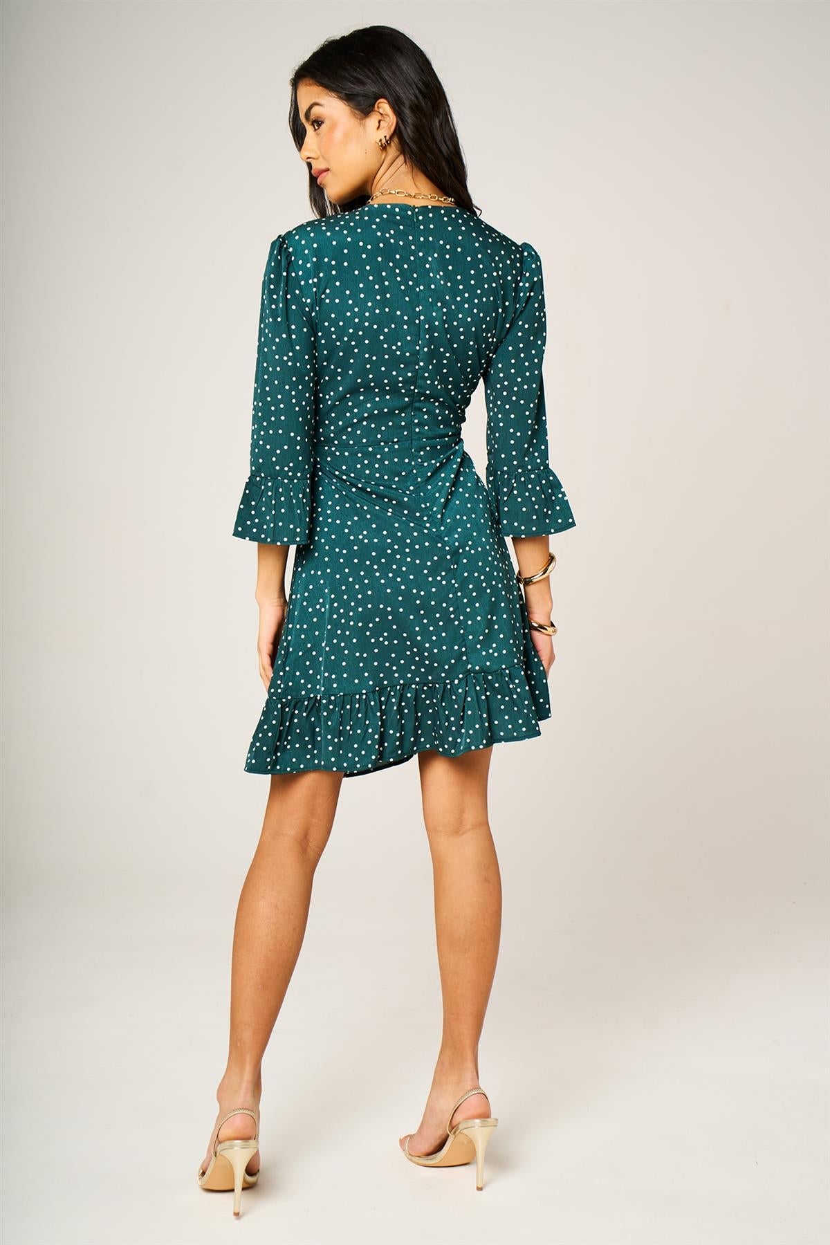 Little Dot Print Frill Detail Mini Dress In Green