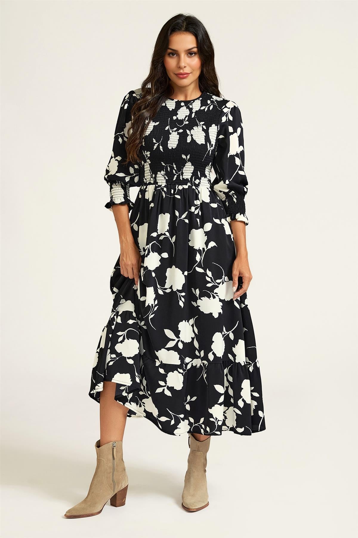 FS Collection Floral Print 3/4 length Sleeves Smocked Midi Dress In Black