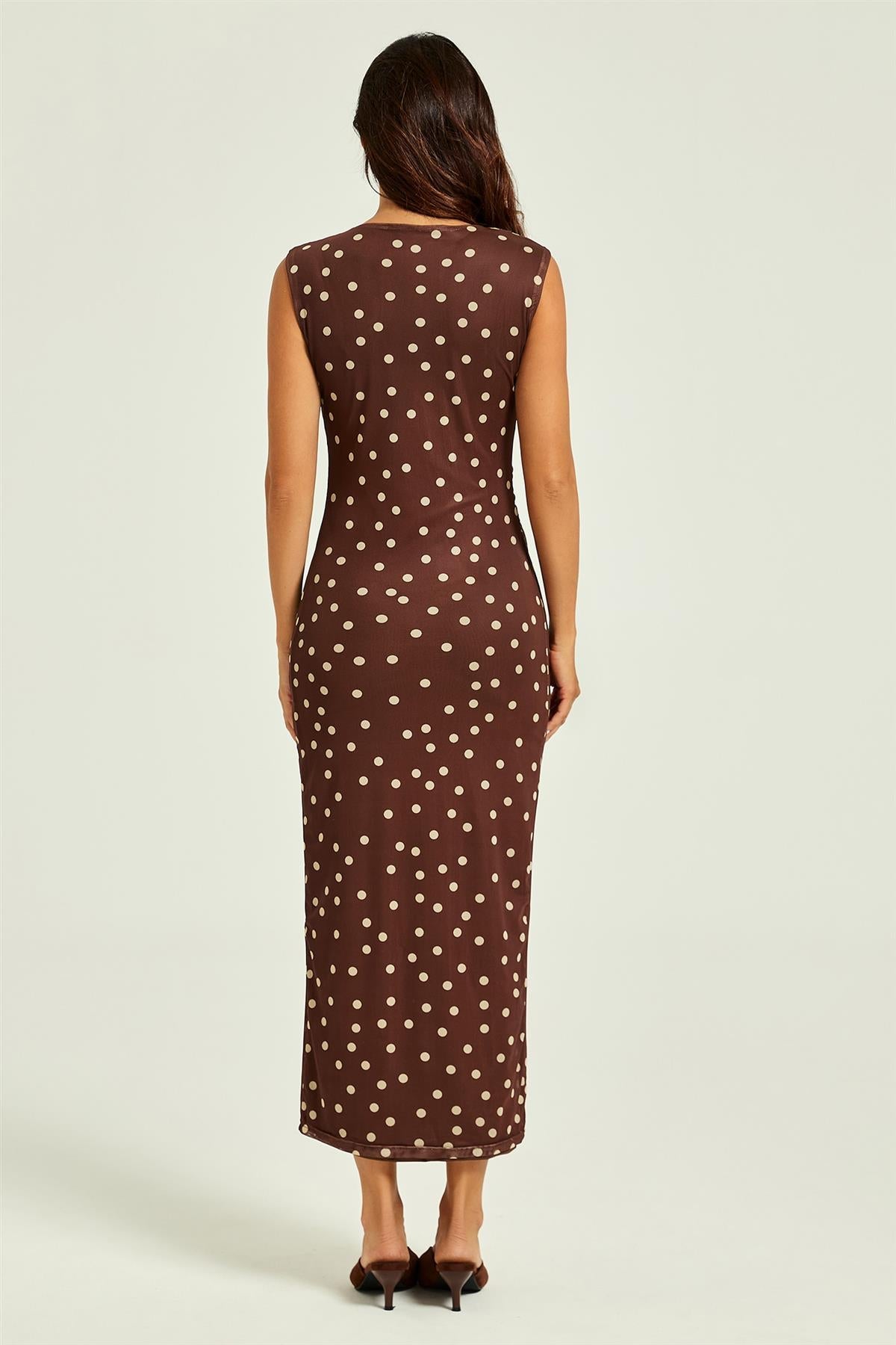 FS Collection Polka Dot Print Mesh Midi Dress In Brown