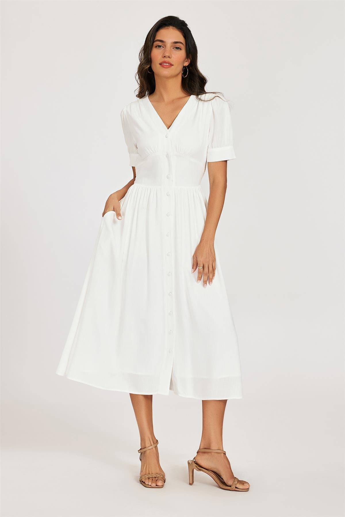 FS Collection Button Front Short Sleeve Midi Dress In White