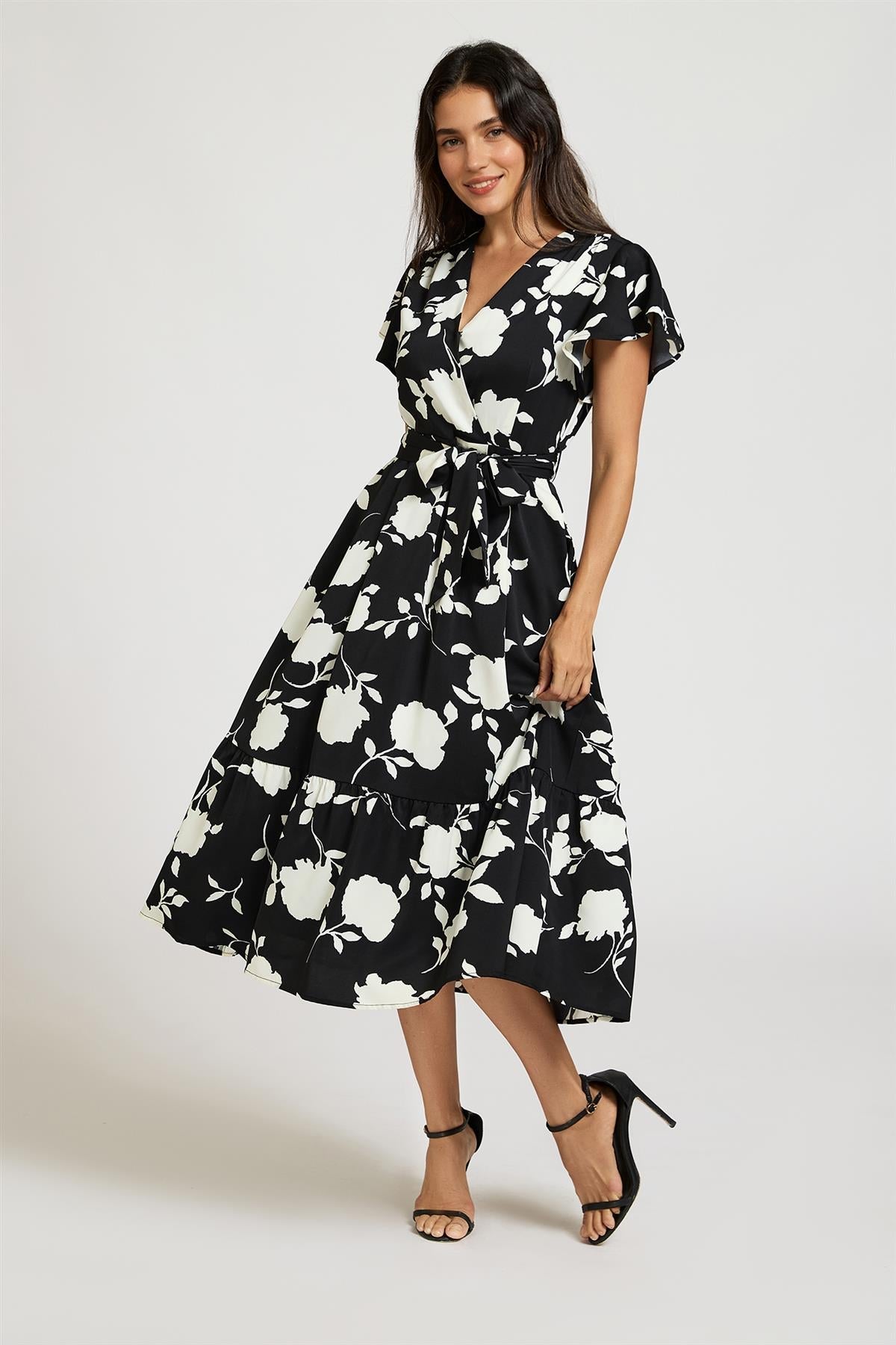 FS Collection White Floral Print Wrap Top Belted Midi Dress In Black