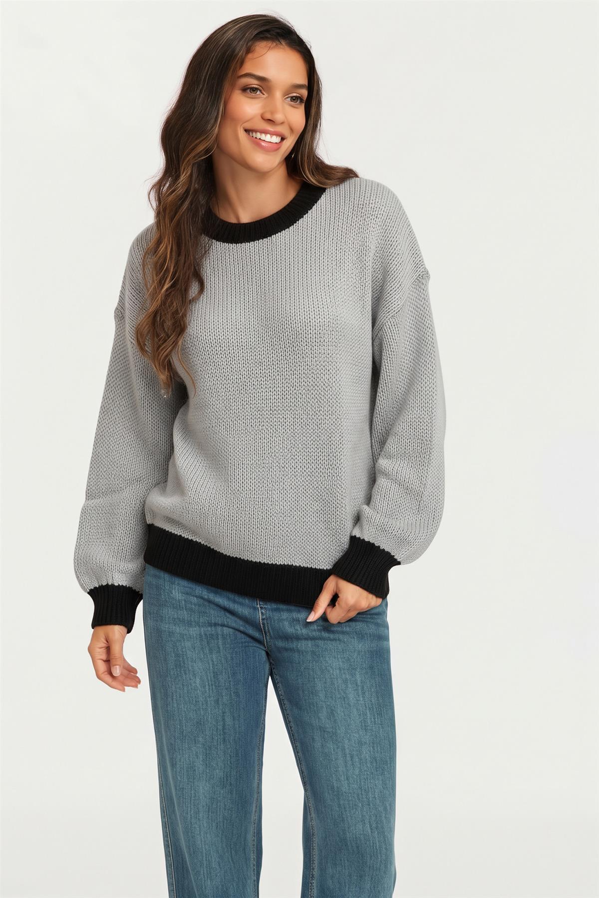 Black Neck Knit Jumper Top In Grey