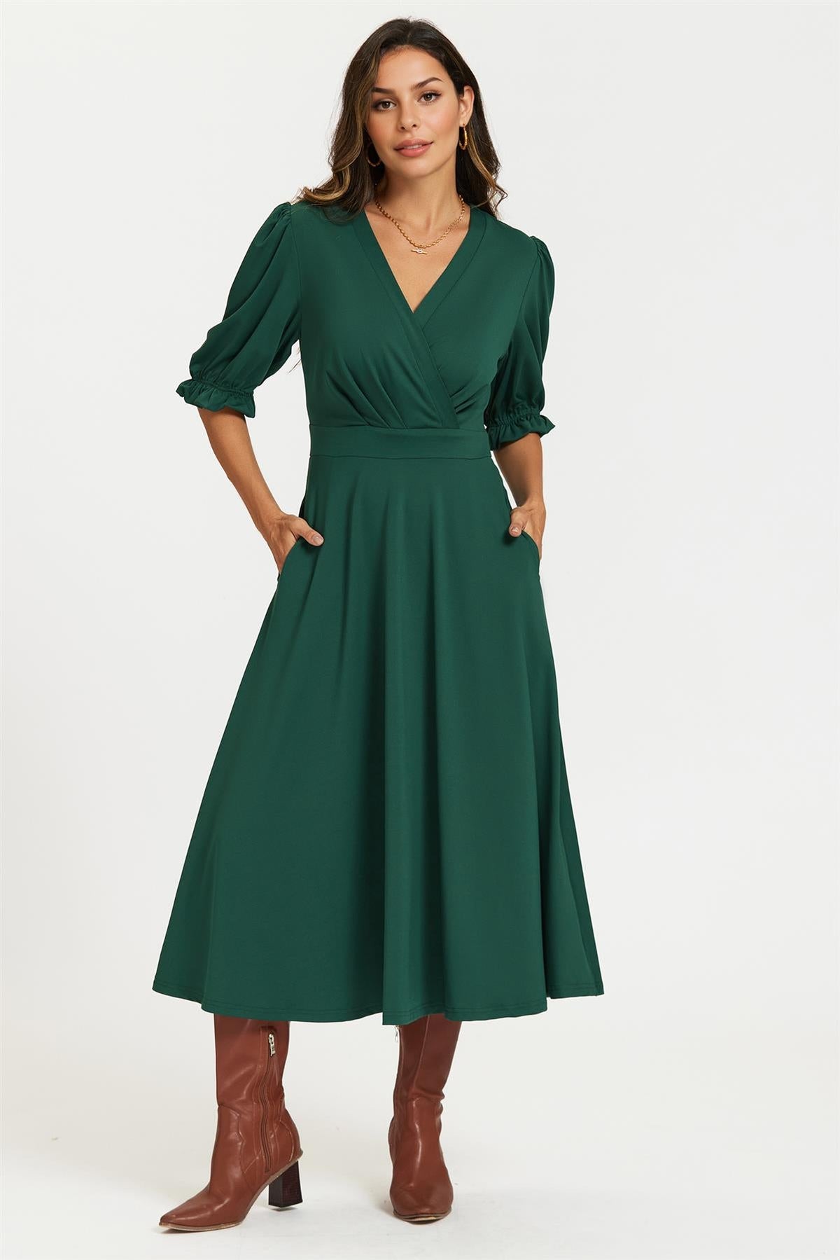 FS Collection Half Sleeve Jersey Green Midi Dress