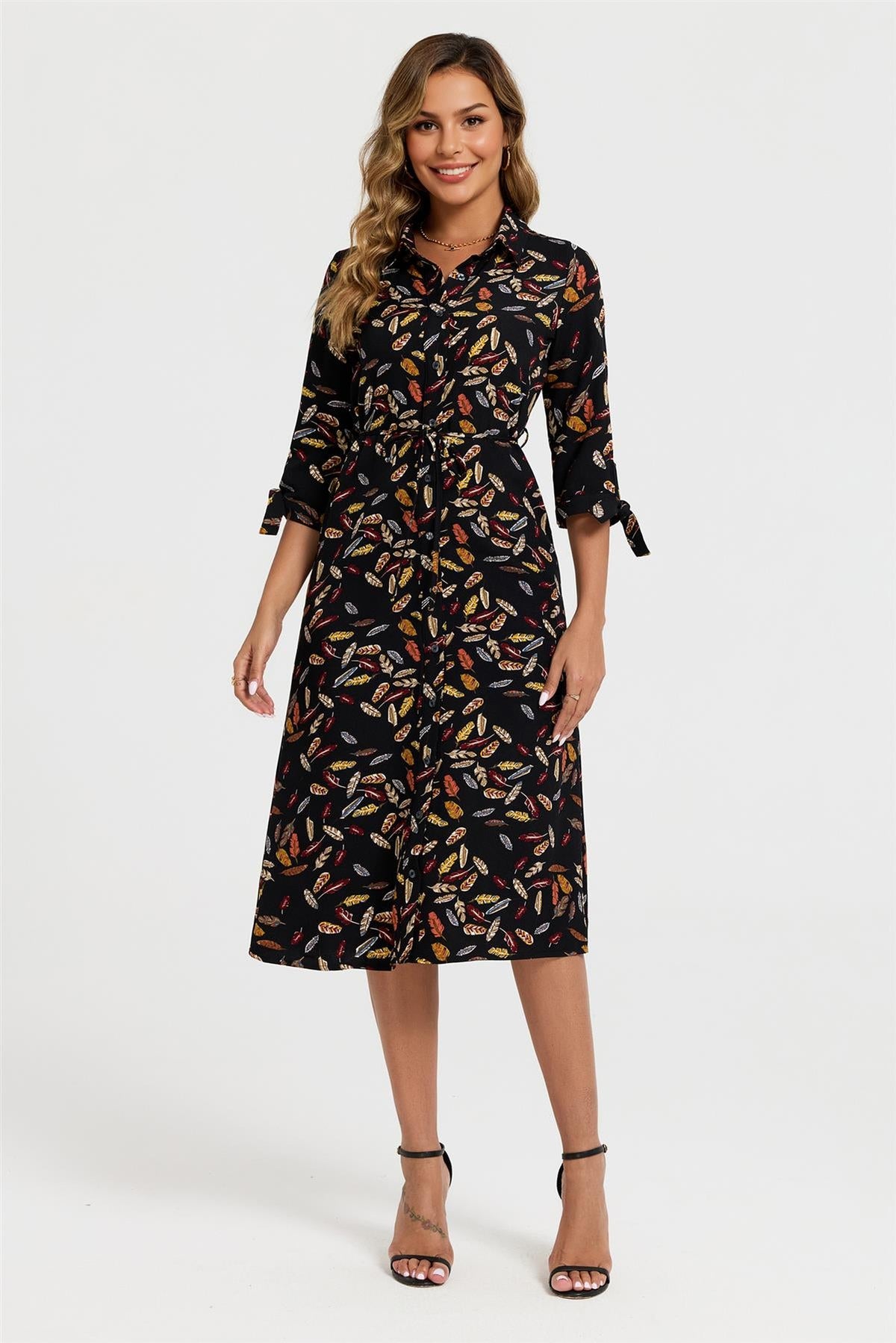 Leaf Print Tie On Sleeves Midi Shirt Dress In Black
