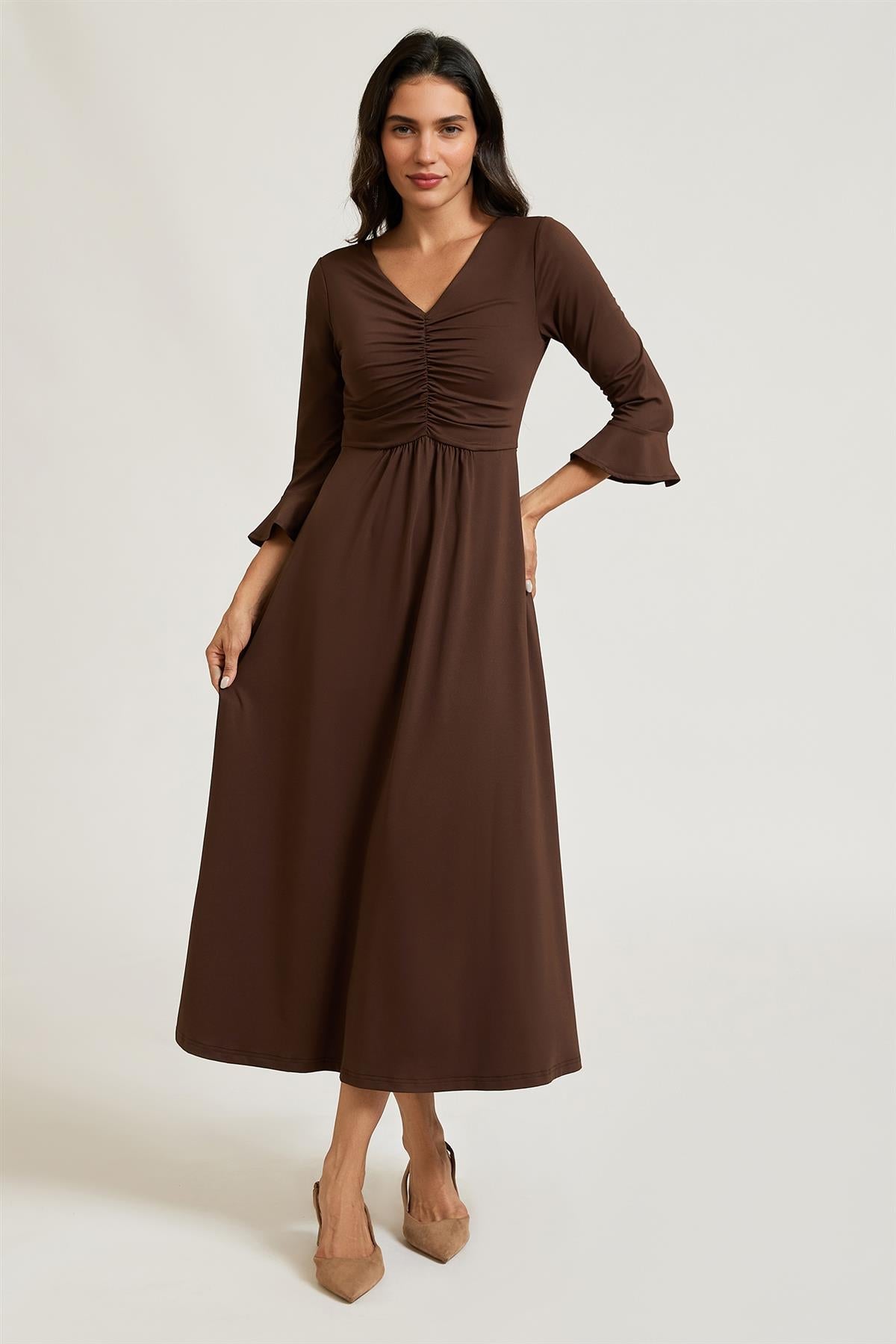 Fluted Sleeves Ruched Jersey Midi Dress In Brown