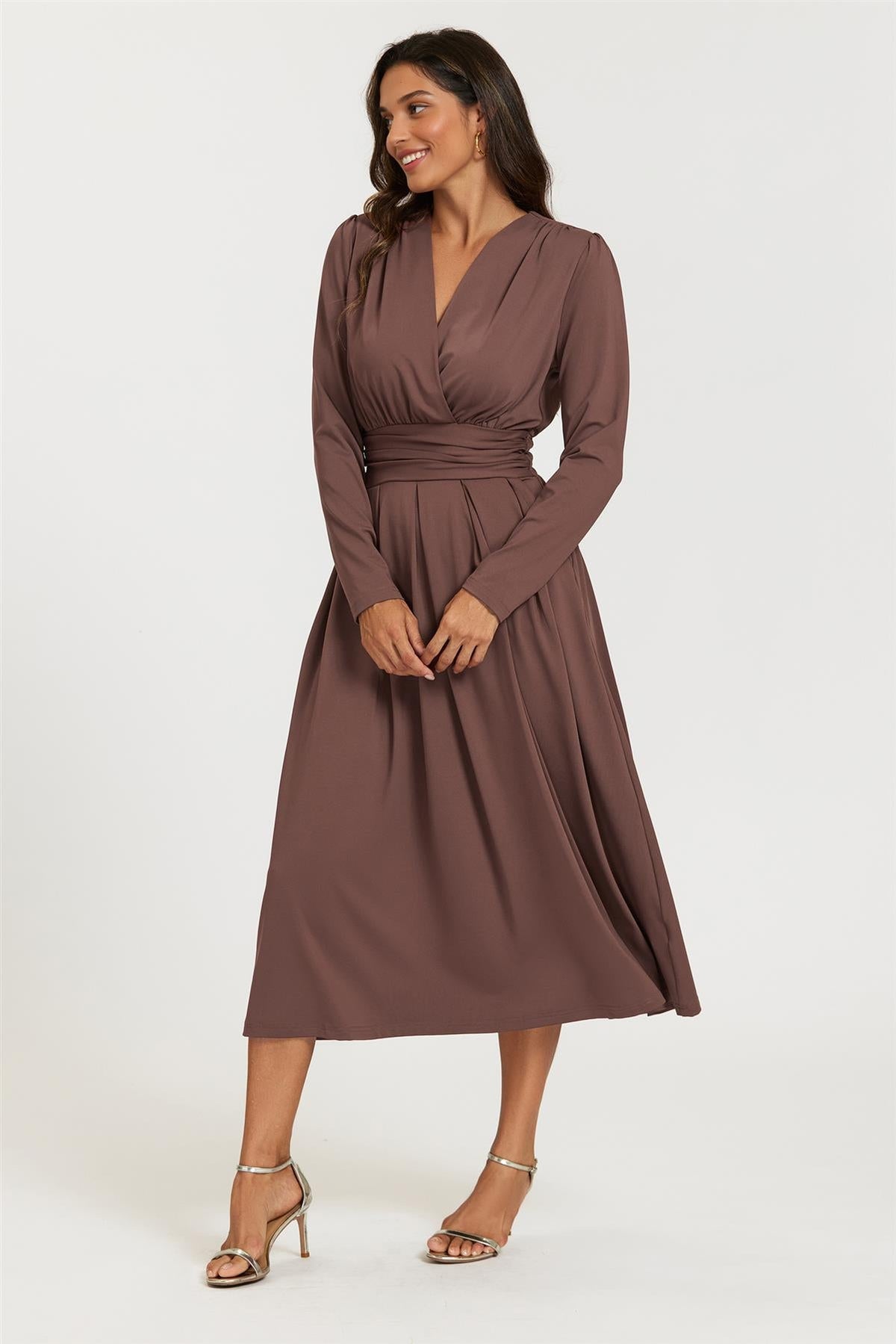 FS Collection Jersey Long Sleeve Brown Midi Dress