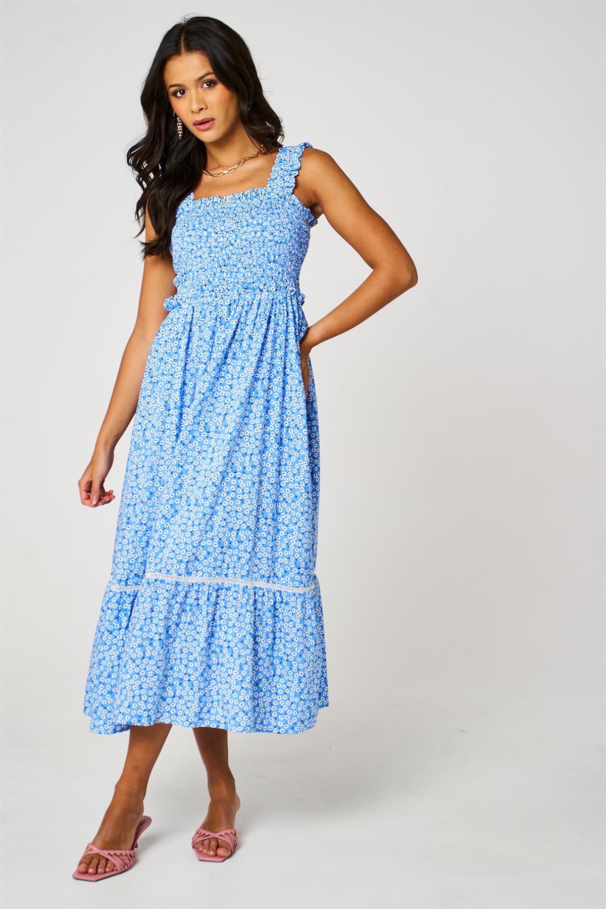 FS Collection Little Floral Print Hem Detail Maxi Dress In Blue