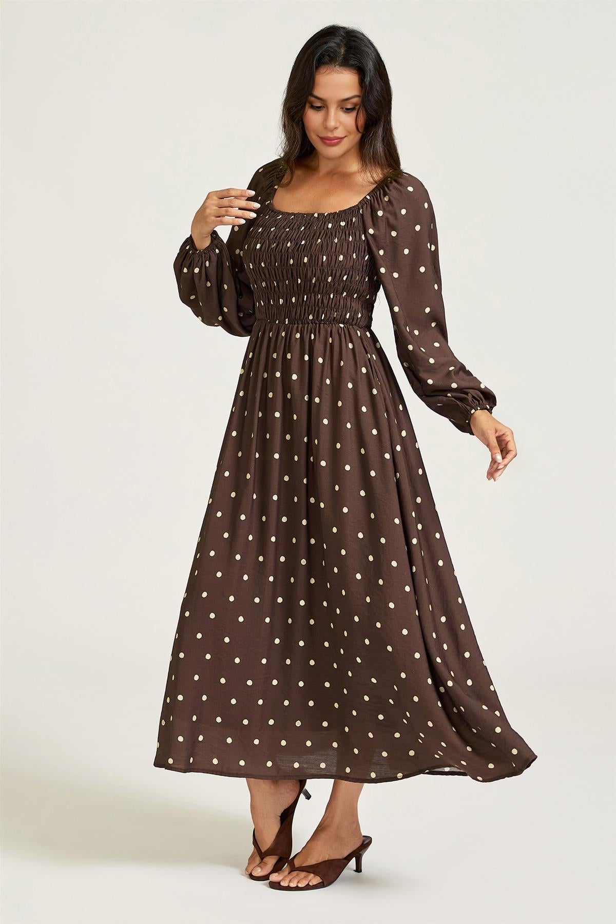 FS Collection Brown Dot Print Square Neck Midi Dress