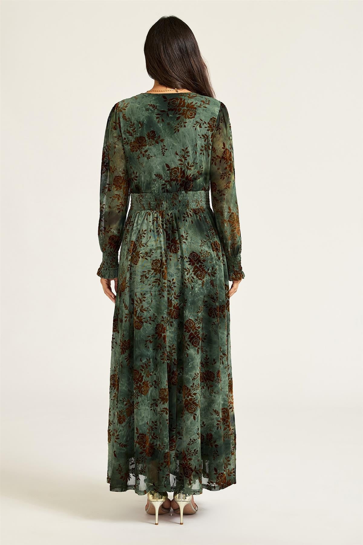 FS Collection Brown Floral Velvet Devore Long Sleeve Maxi Dress In Green