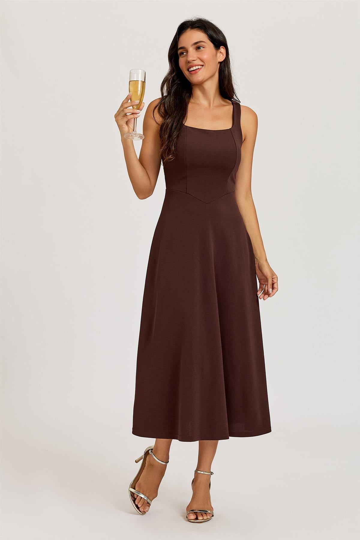 FS Collection Square Neck Sleeveless Fit & Flare Midi Dress In Espresso