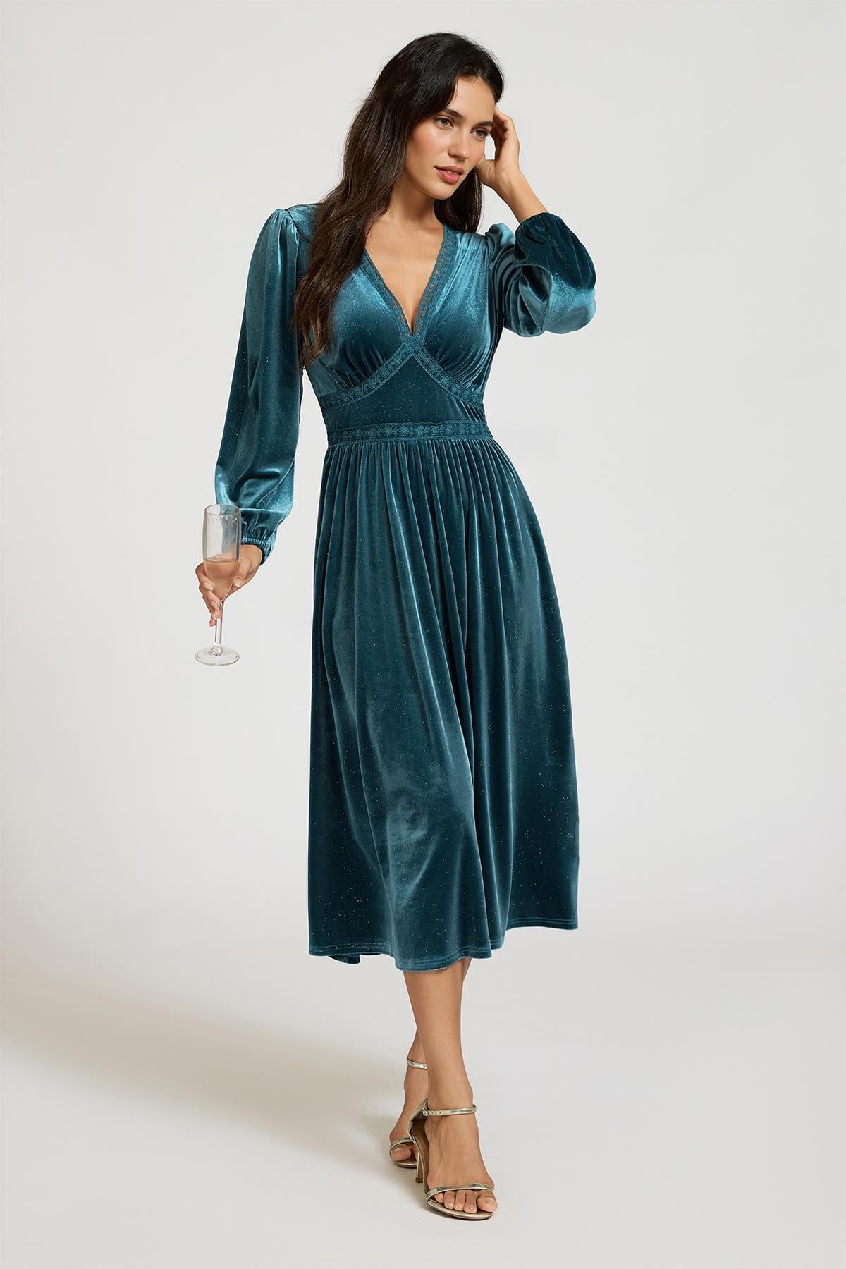 FS Collection Silver Foil Velvet Lace Trim Neckline Midi Dress In Teal