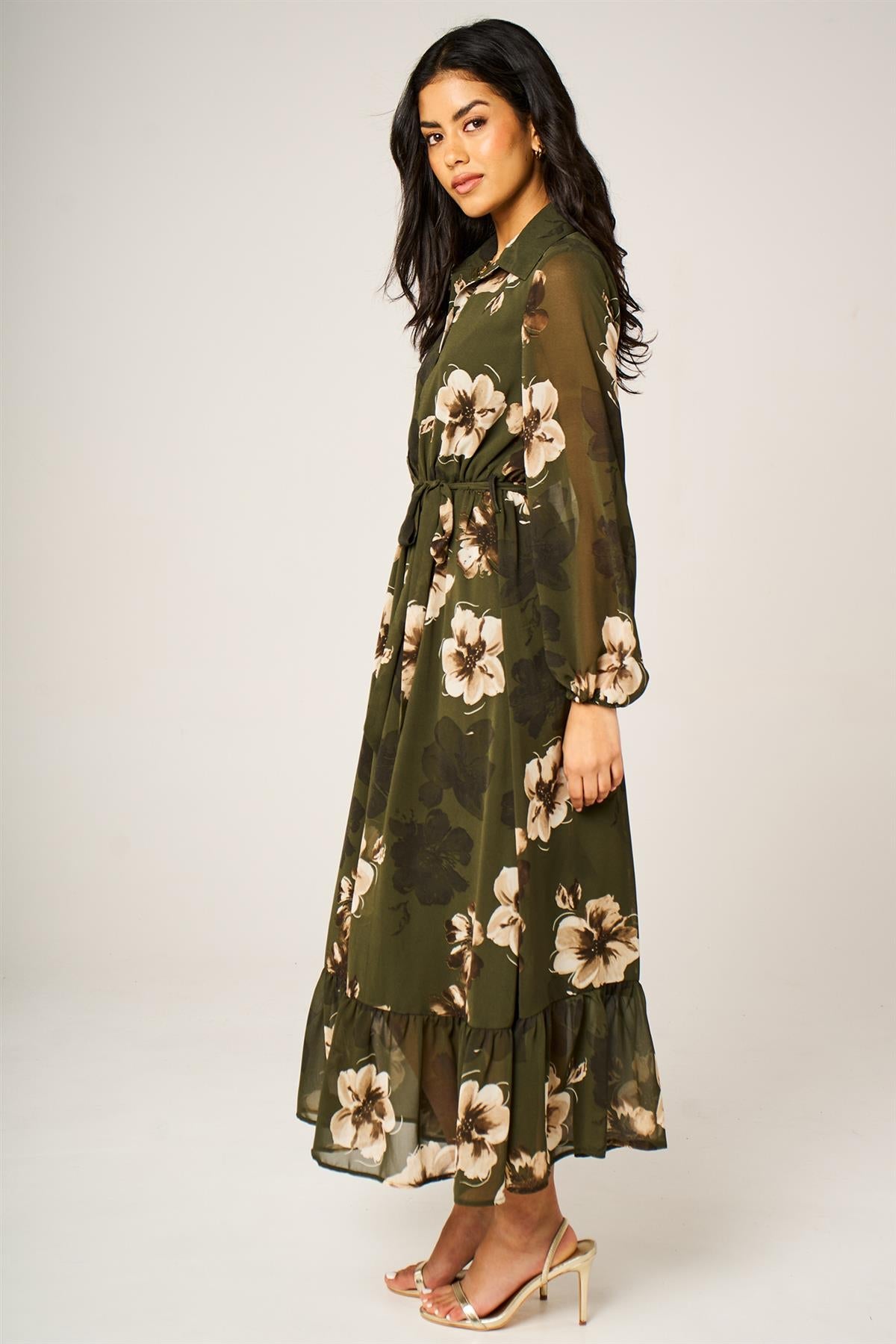 Large Floral Print Hem Detail Shirt Midi Dress With Tie Waist In Olive Green