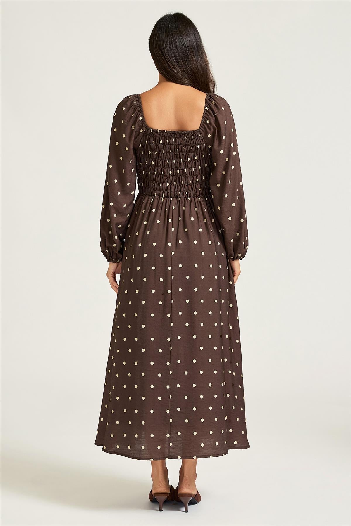 FS Collection Brown Dot Print Square Neck Midi Dress