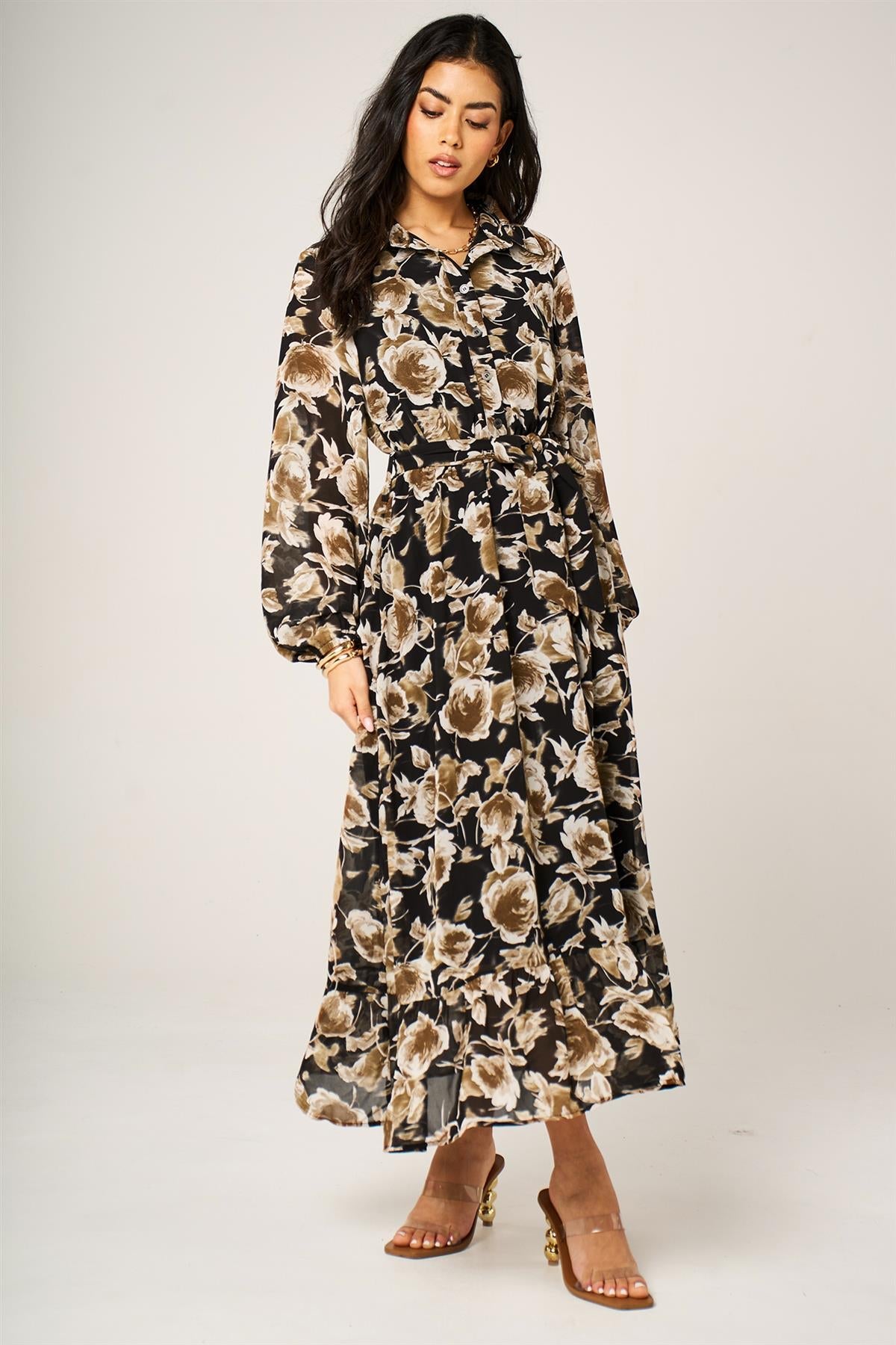 Brown Floral Print Shirt Midi Dress In Black