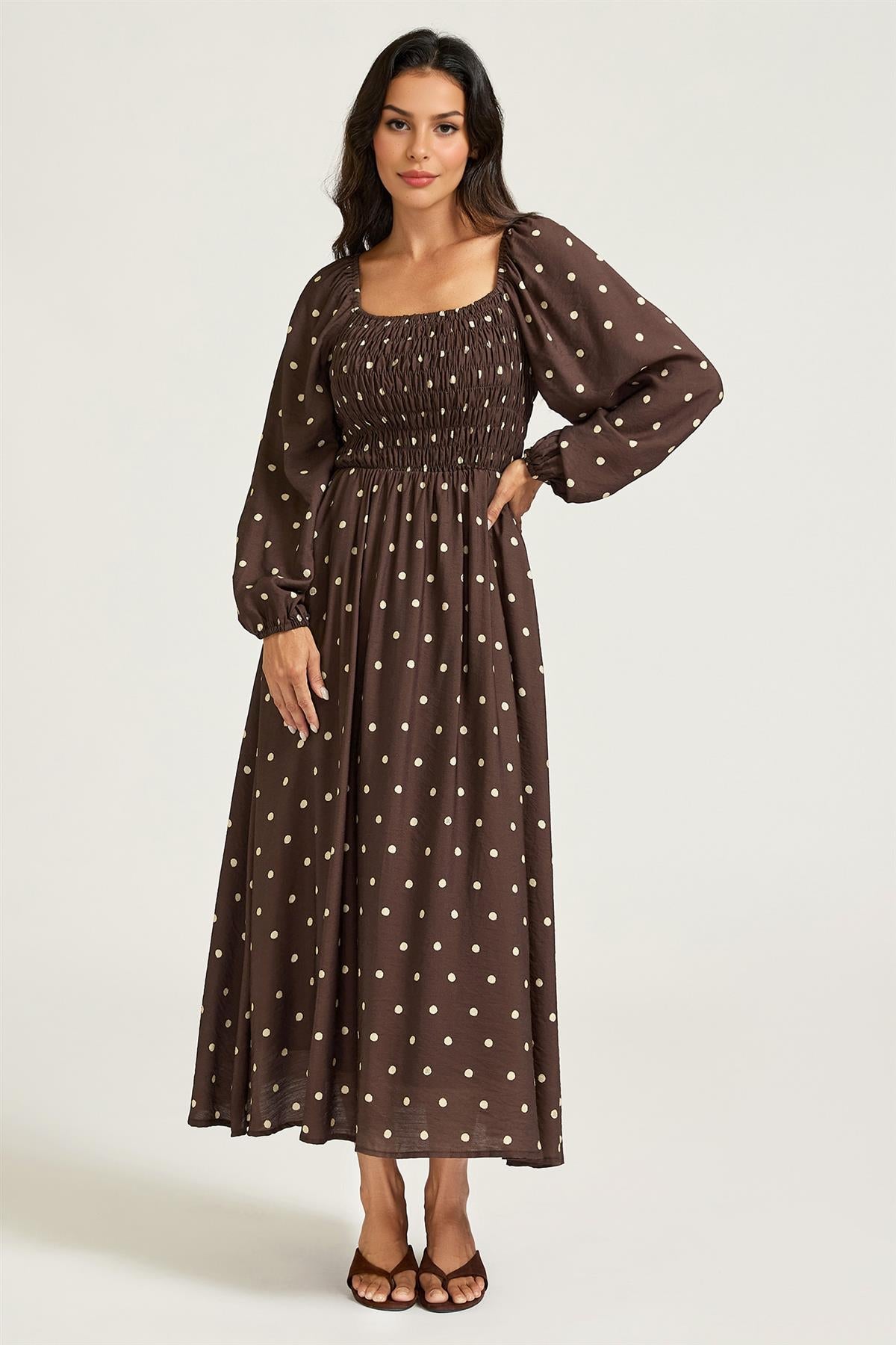 FS Collection Brown Dot Print Square Neck Midi Dress