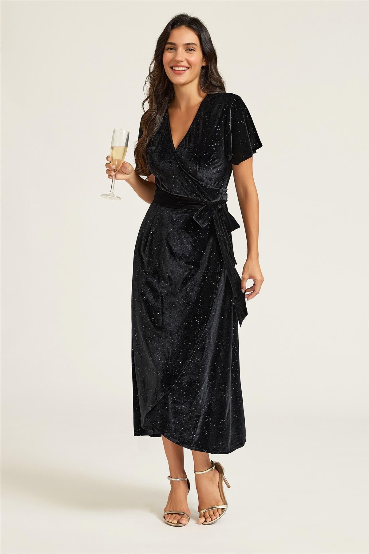FS Collection Black Sparkly Star Night Velvet Wrap Midi Dress