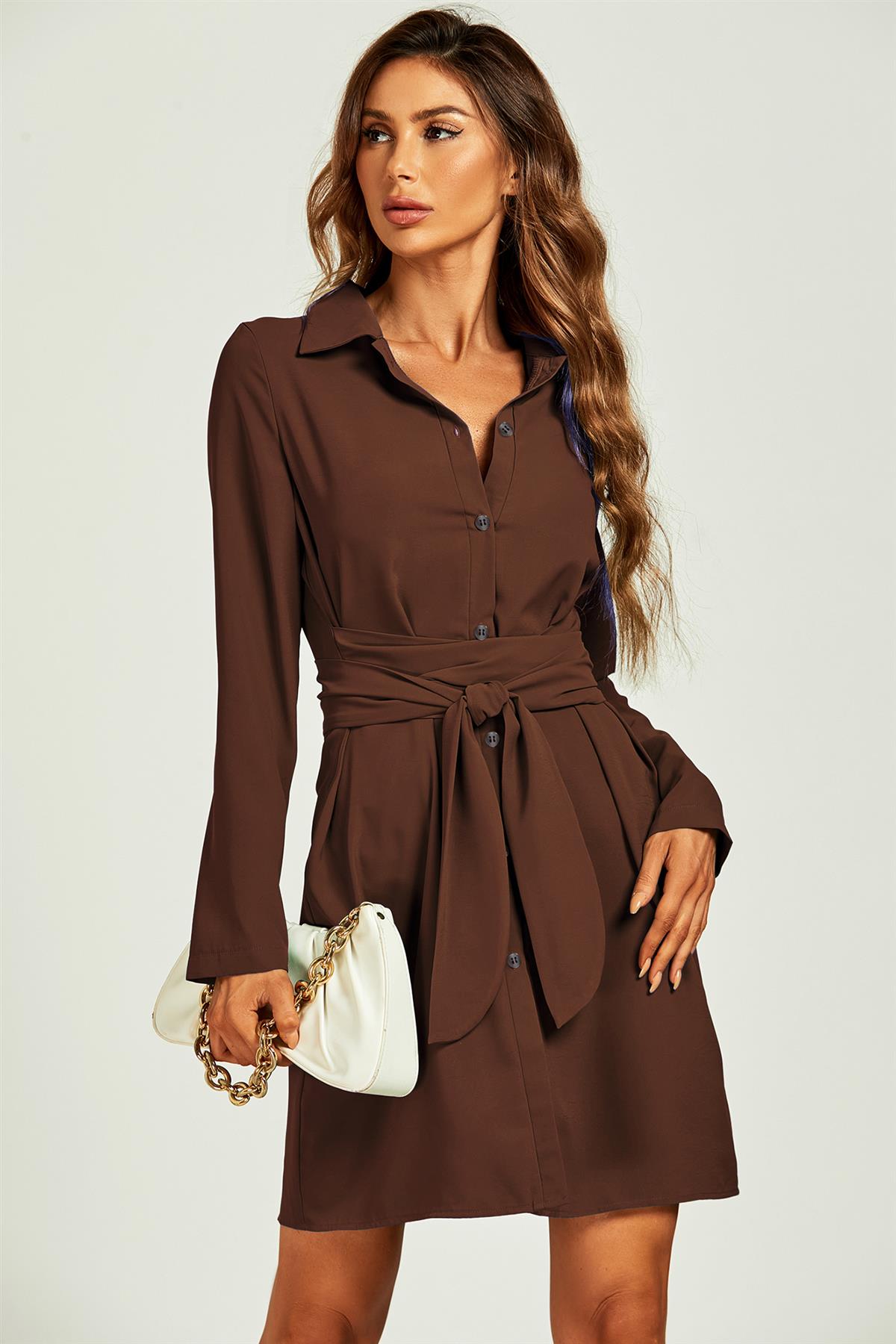 FS Collection Shirt Wrap Tie Mini Dress In Brown
