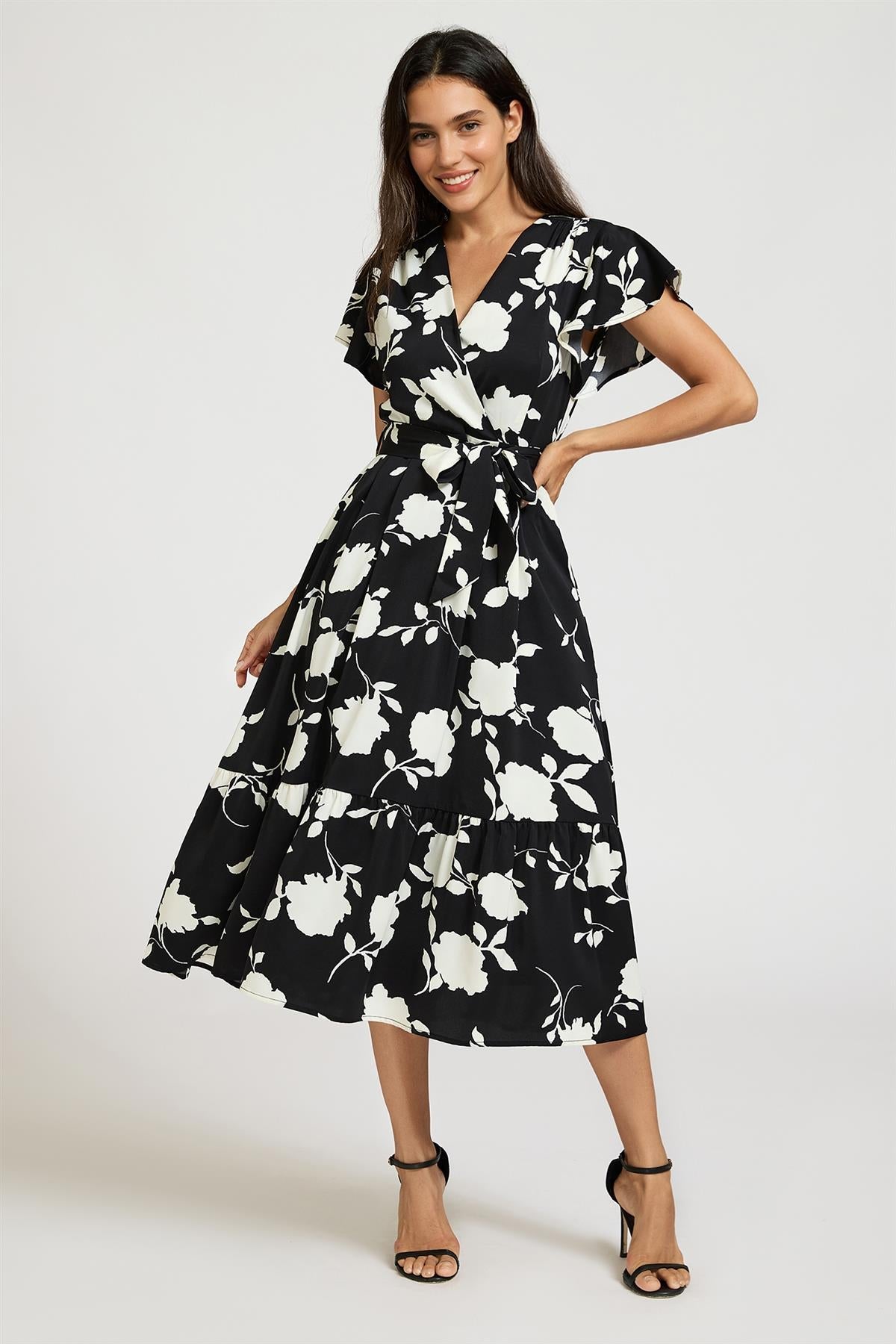 FS Collection White Floral Print Wrap Top Belted Midi Dress In Black