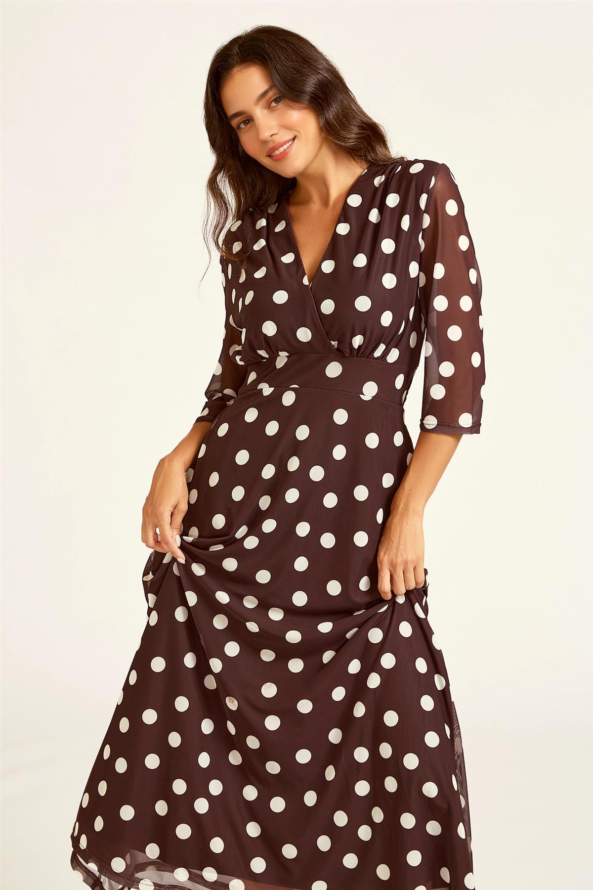 FS Collection Polka Dot Mesh Wrap Neck 3/4 Sleeve Midi Dress In Brown