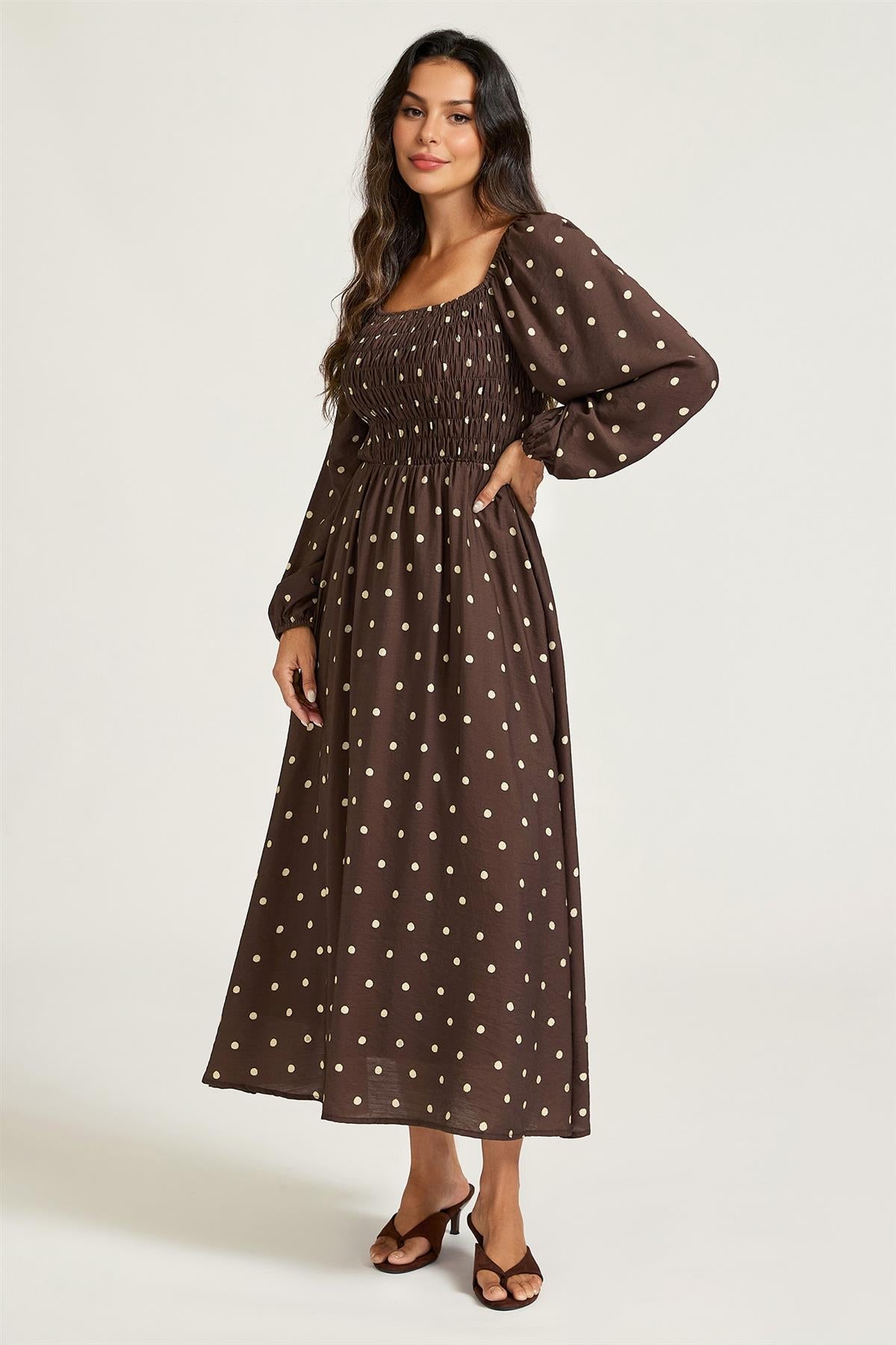FS Collection Brown Dot Print Square Neck Midi Dress