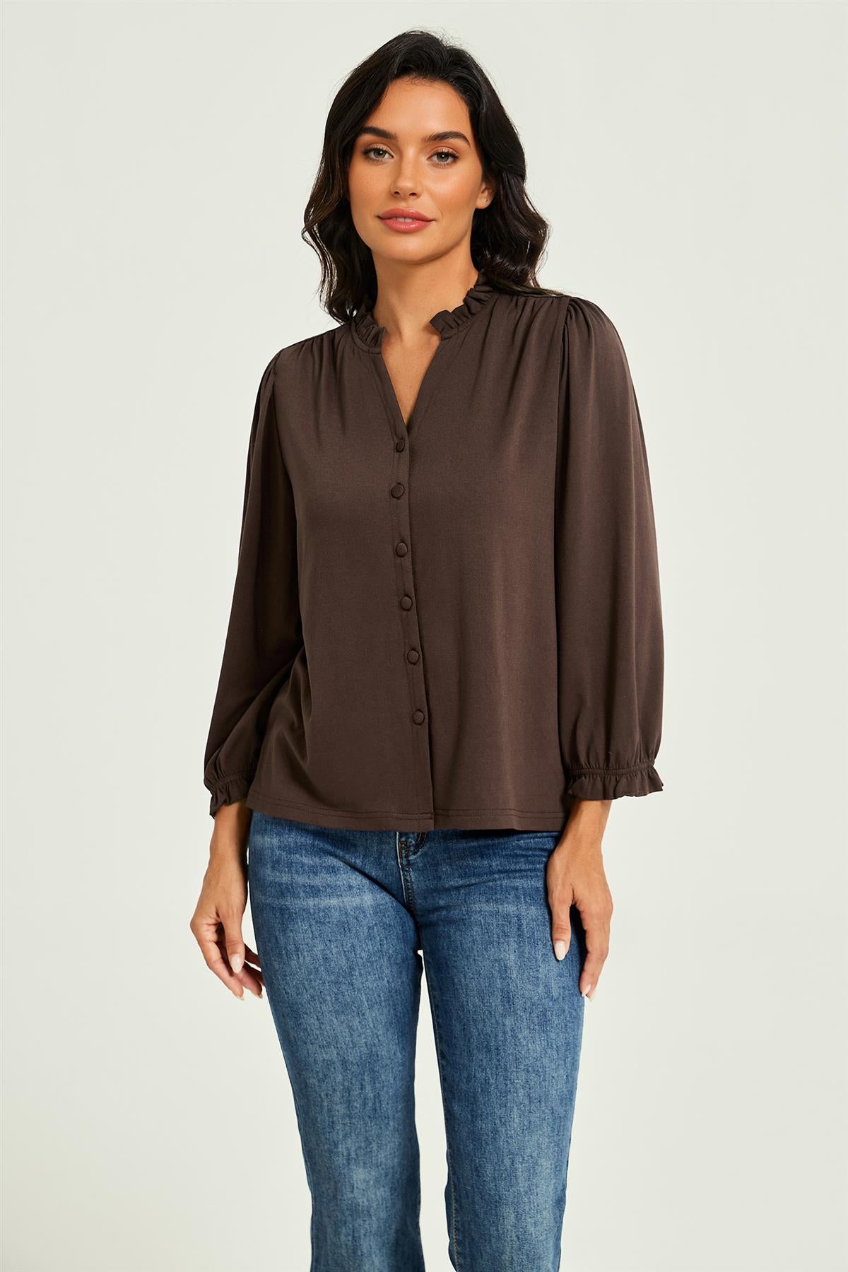 Frill Neck Long Sleeve Jersey Blouse Brown