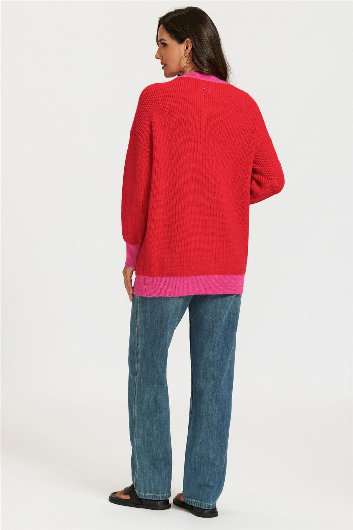 FS Collection Heart Embroidery Pink Stripe Trim Cardigan Top In Red
