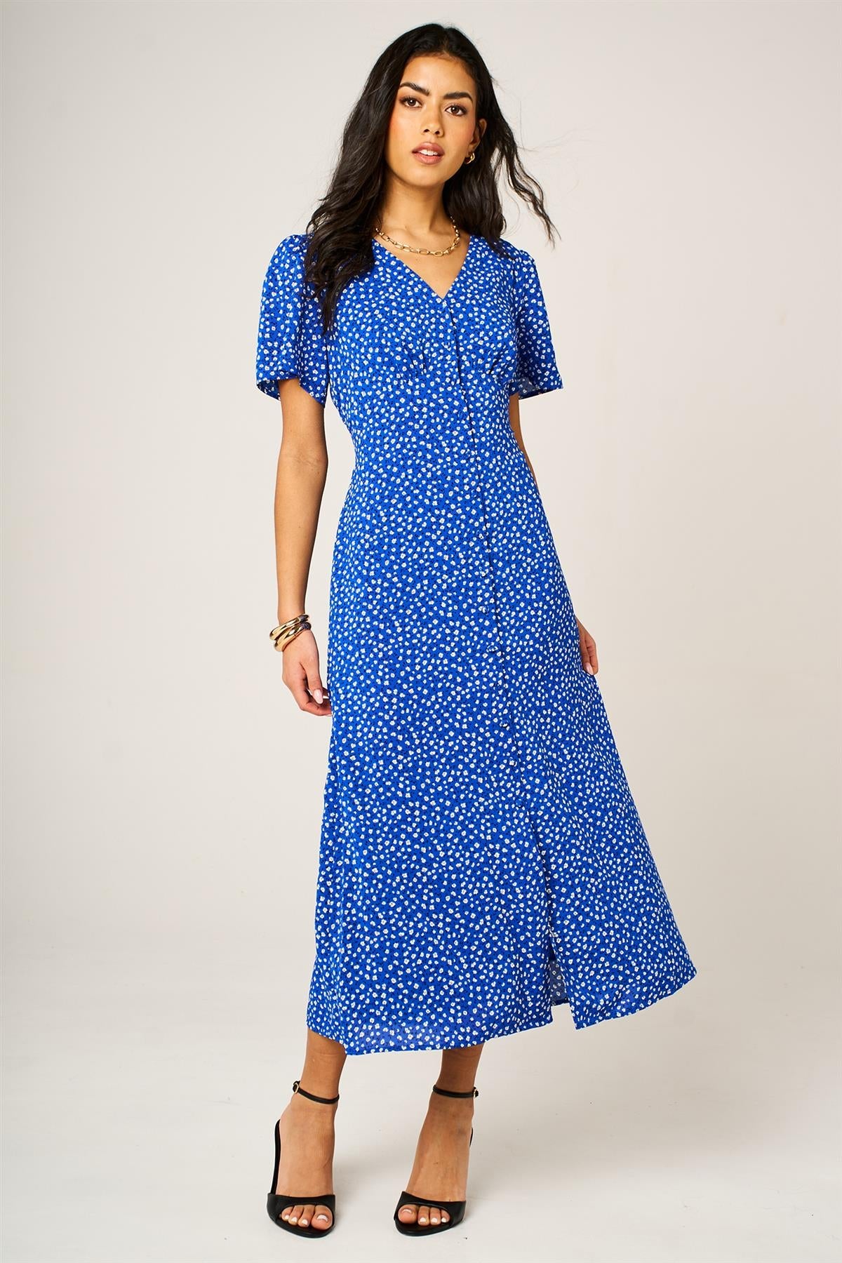 Little Floral Print Button Front Midi Dress In Blue