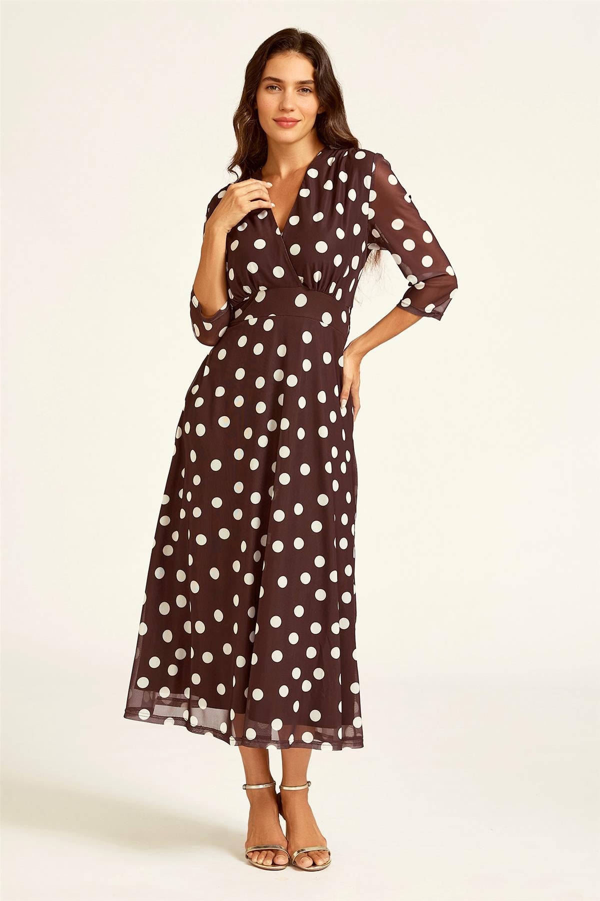 FS Collection Polka Dot Mesh Wrap Neck 3/4 Sleeve Midi Dress In Brown