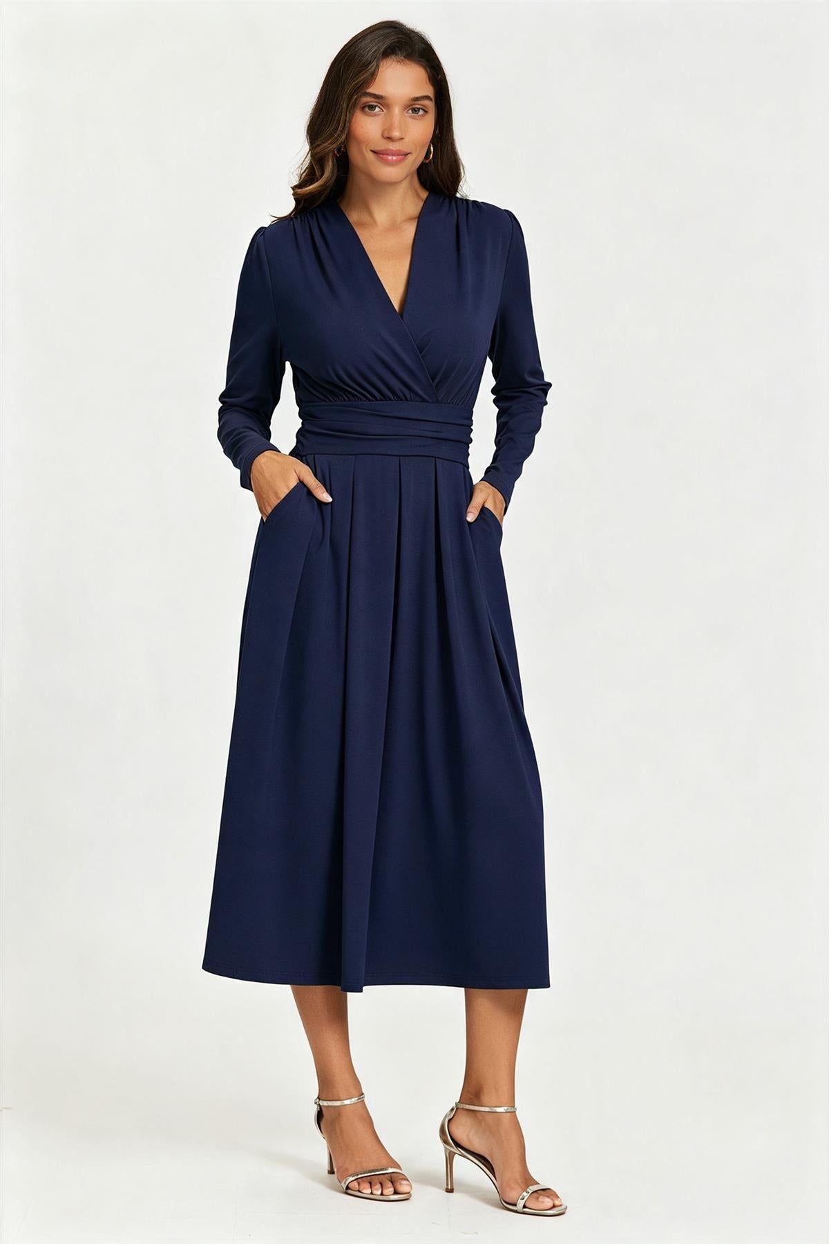 FS Collection Jersey Navy Blue Long Sleeve Midi Dress