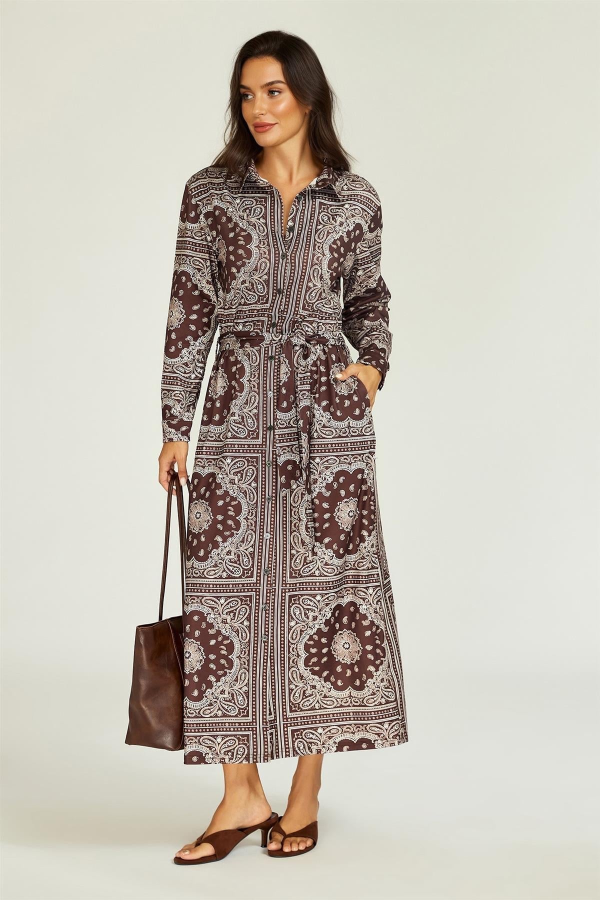 FS Collection Paisley Print Belted Jersey Midi Shirt Dress In Brown