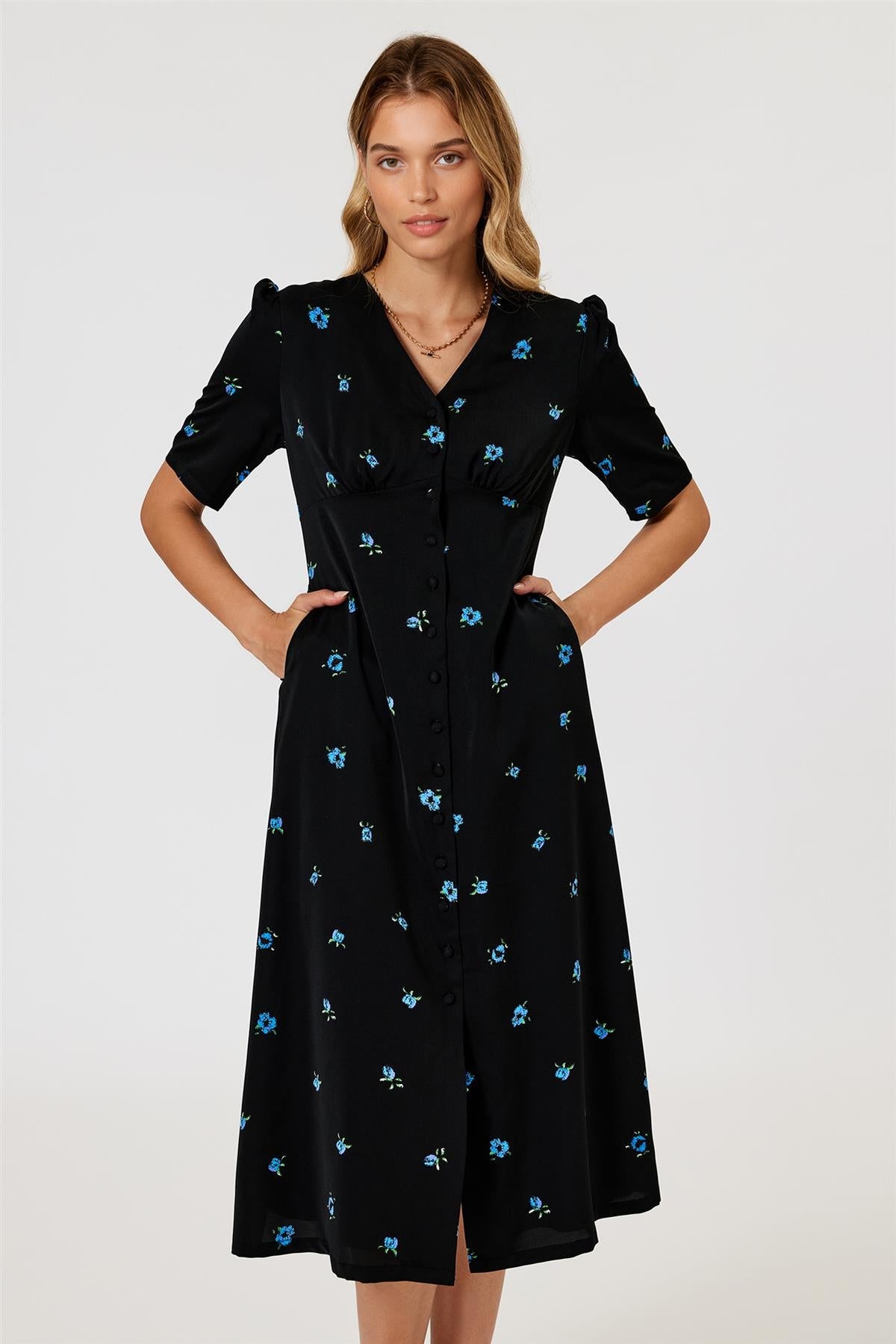 FS Collection Black & Blue Floral Print Button Front Midi Dress