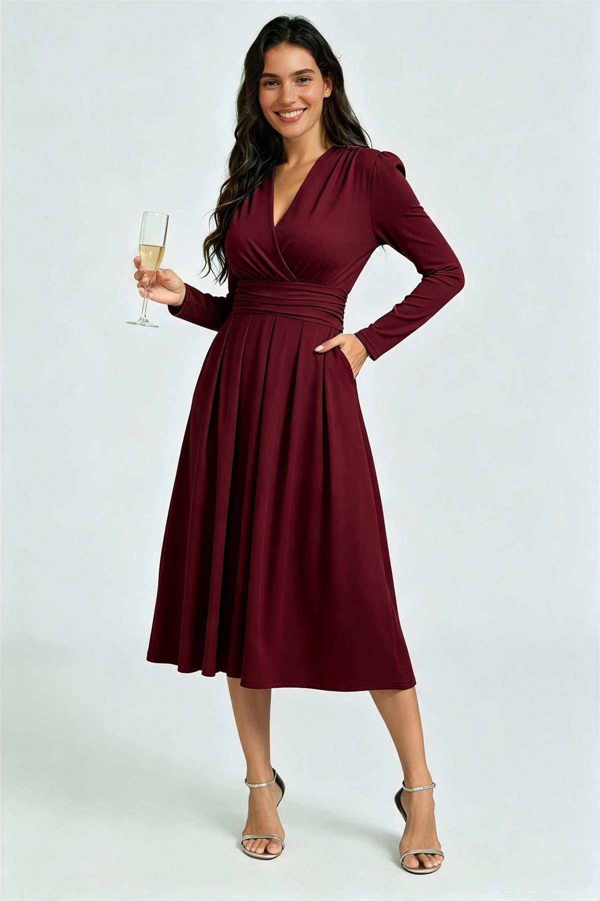 FS Collection Burgundy Jersey Long Sleeve Midi Dress