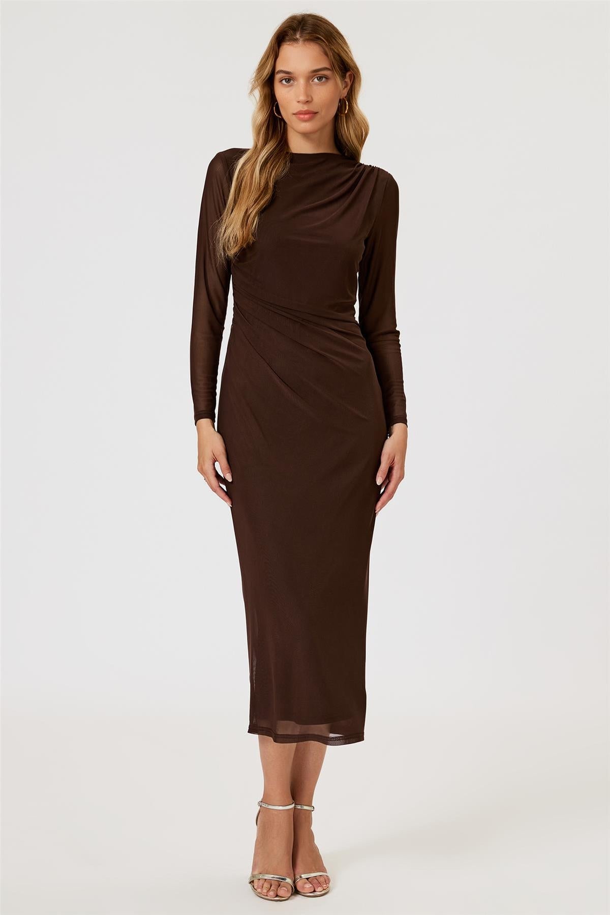 FS Collection Long Sleeved Mesh Brown Midi Dress