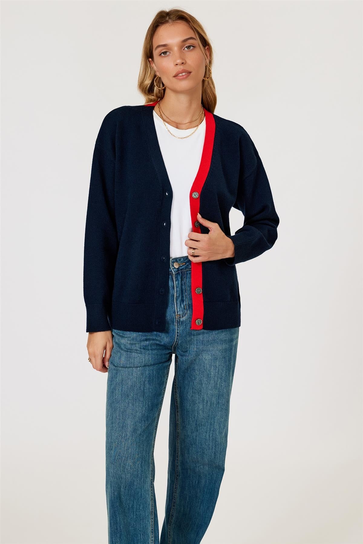 FS Collection Little Heart Embroidery Stripe Trim Cardigan Top In Navy & Red