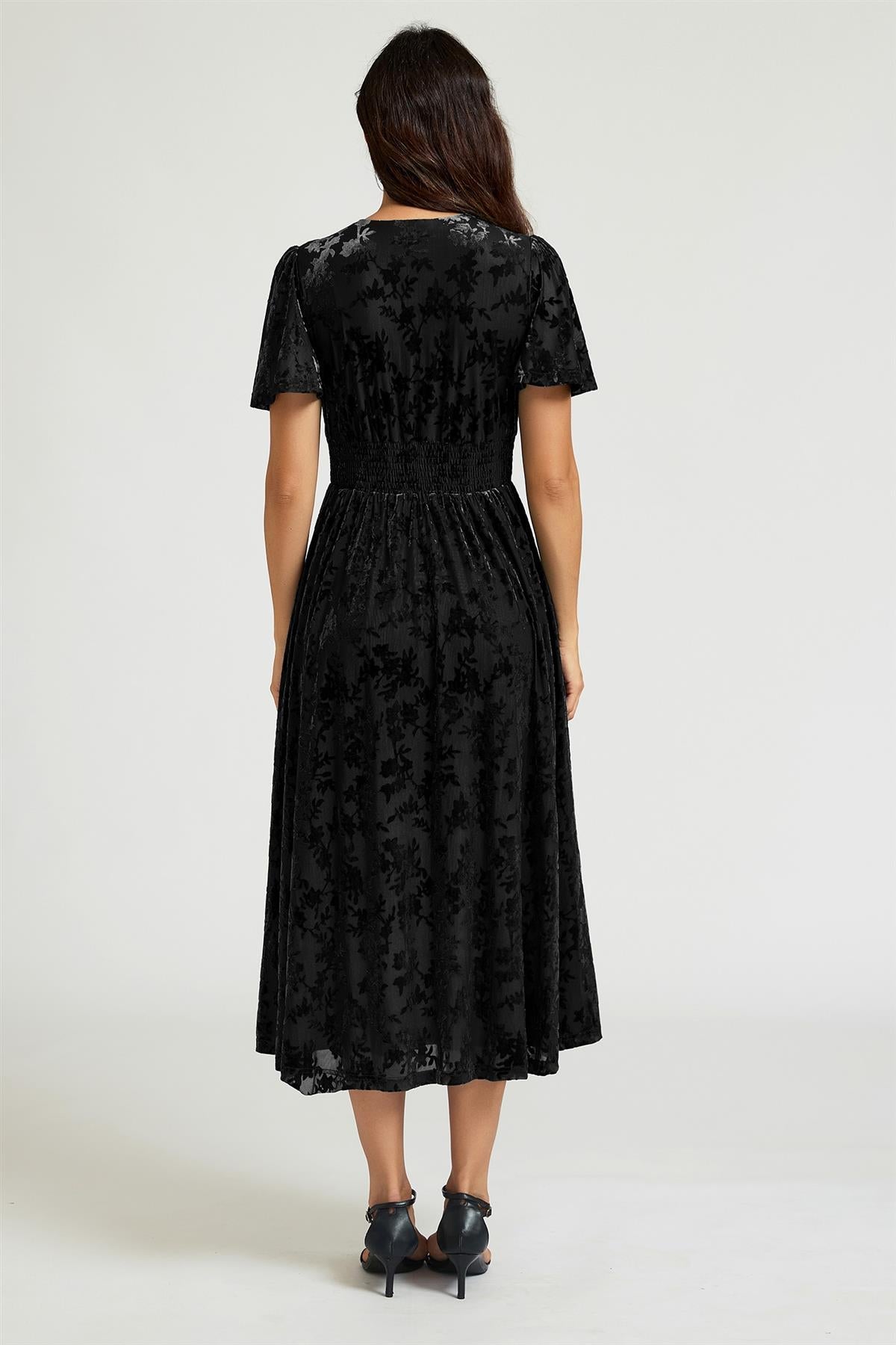 FS Collection Floral Black Velvet Devore V neckline Dress