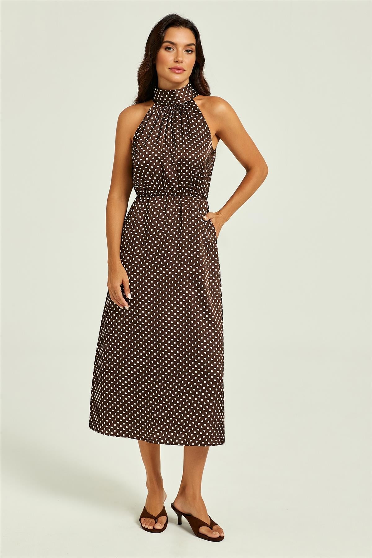 FS Collection Polka Dot Halterneck Tie Back Midi Dress In Brown