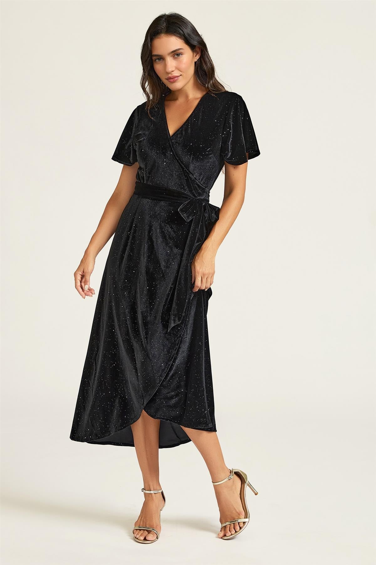 FS Collection Black Sparkly Star Night Velvet Wrap Midi Dress