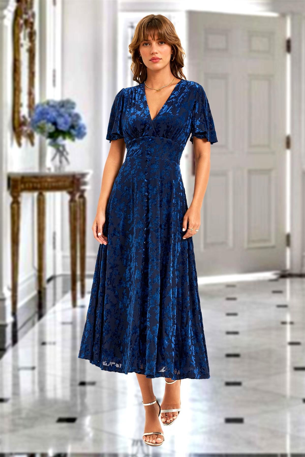 Floral Velvet Devore V neckline Dress In Navy
