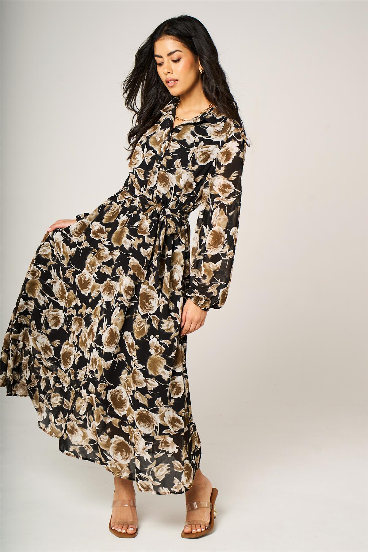 Brown Floral Print Shirt Midi Dress In Black
