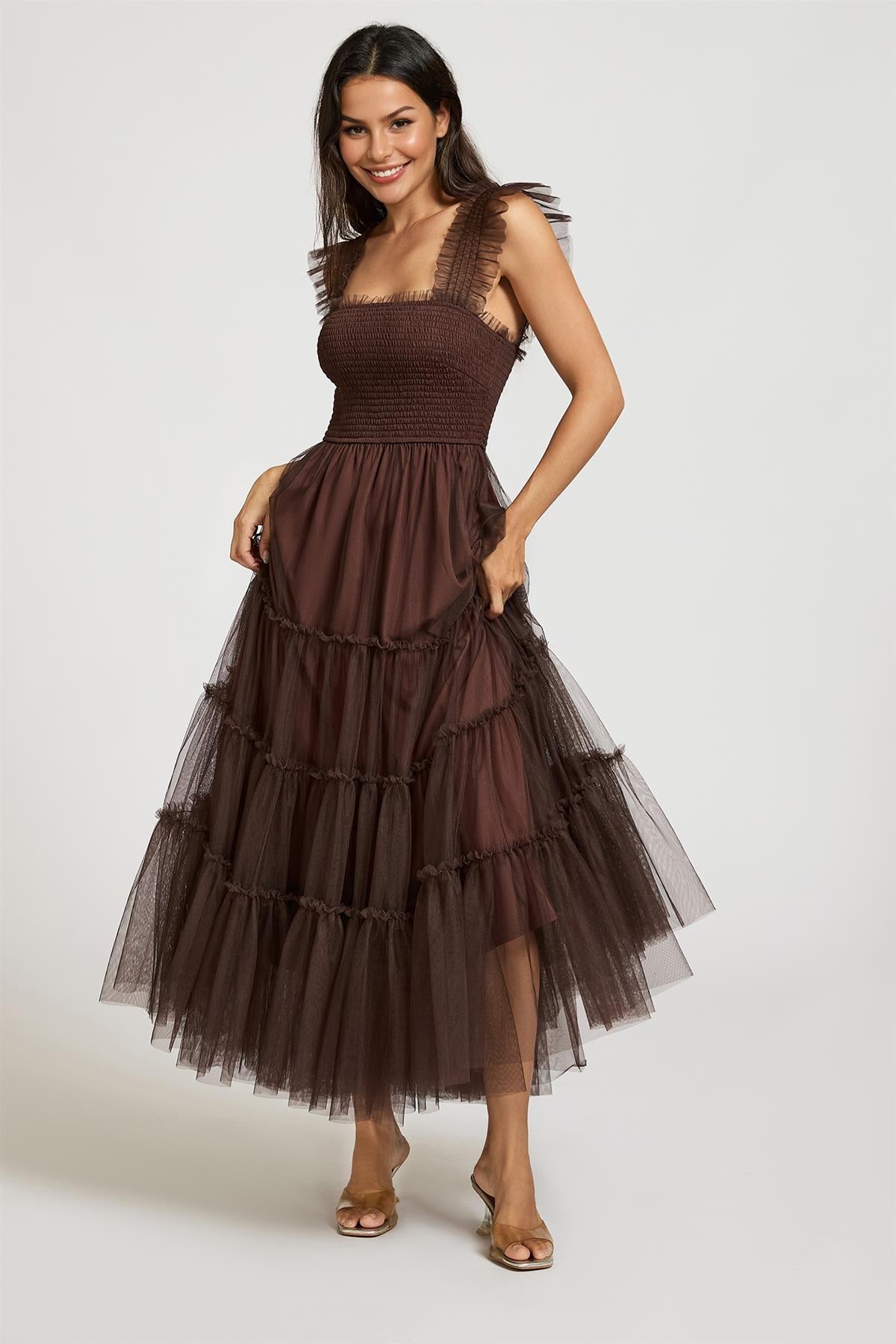 FS Collection Sleeveless Smocked Ruffle Tulle Dress In Brown
