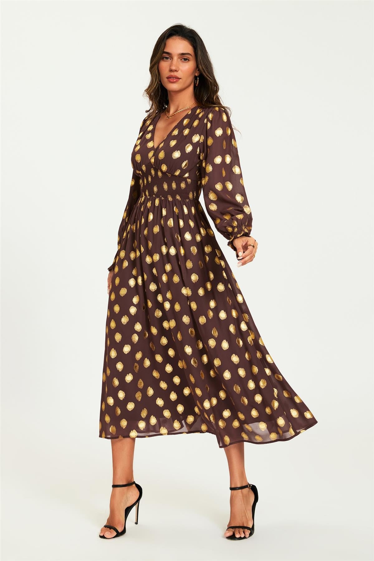 Gold Foil Long Sleeve Maxi Dress In Brown