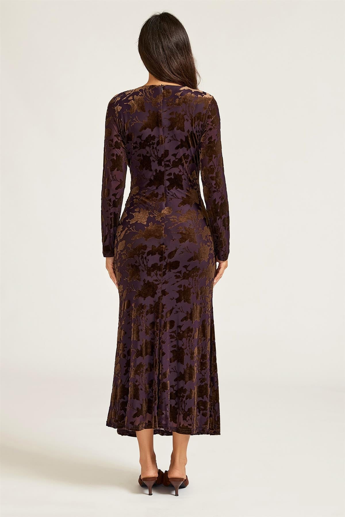 FS Collection Floral Velvet Brown Devore Long Sleeve Wrap Midi Dress