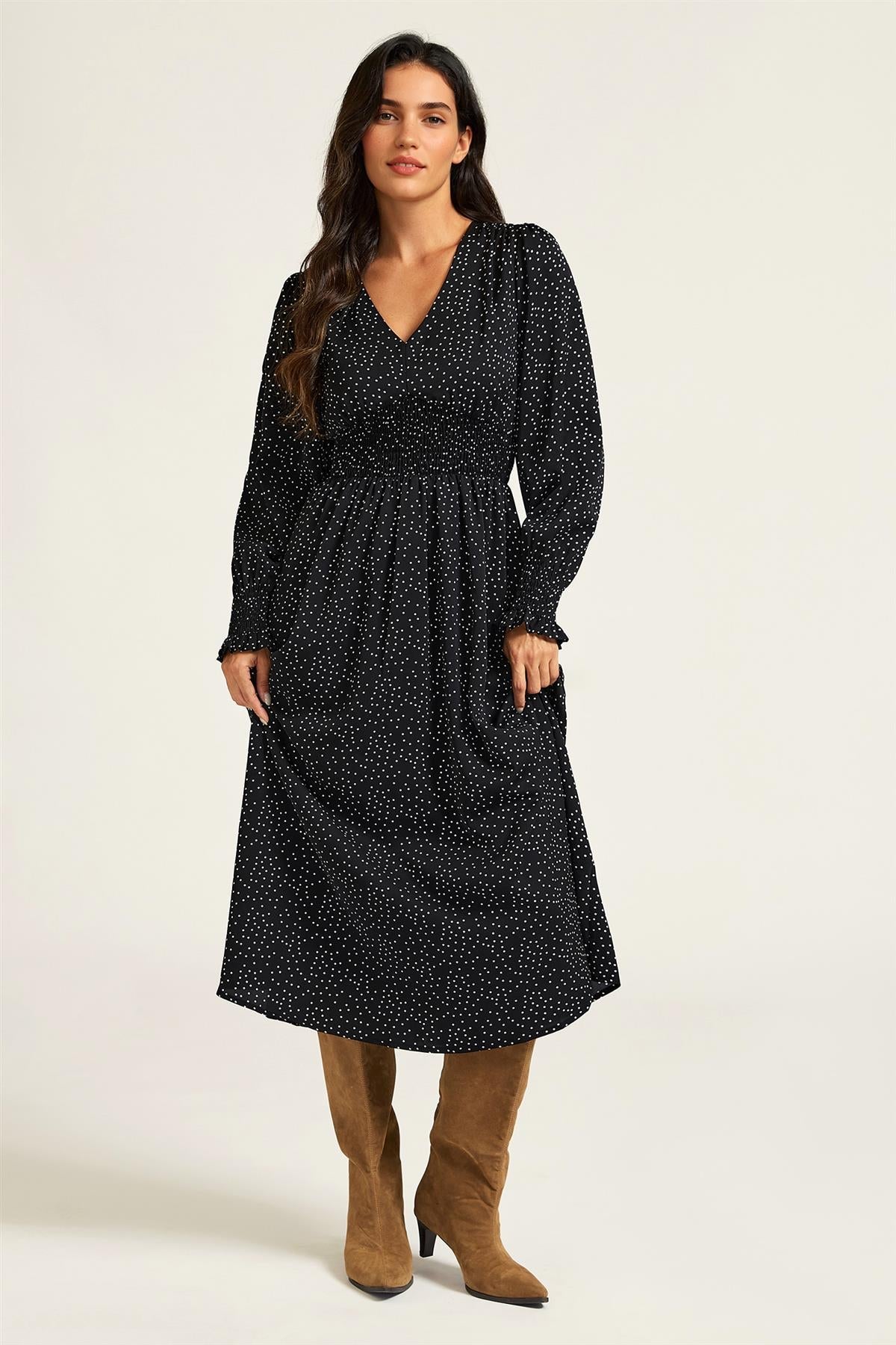 FS Collection Polka Dot Print Long Sleeve Midi Dress In Black