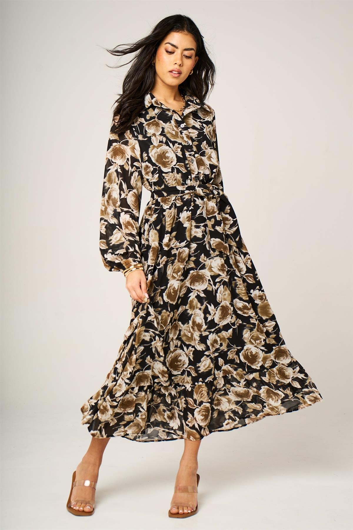 Brown Floral Print Shirt Midi Dress In Black