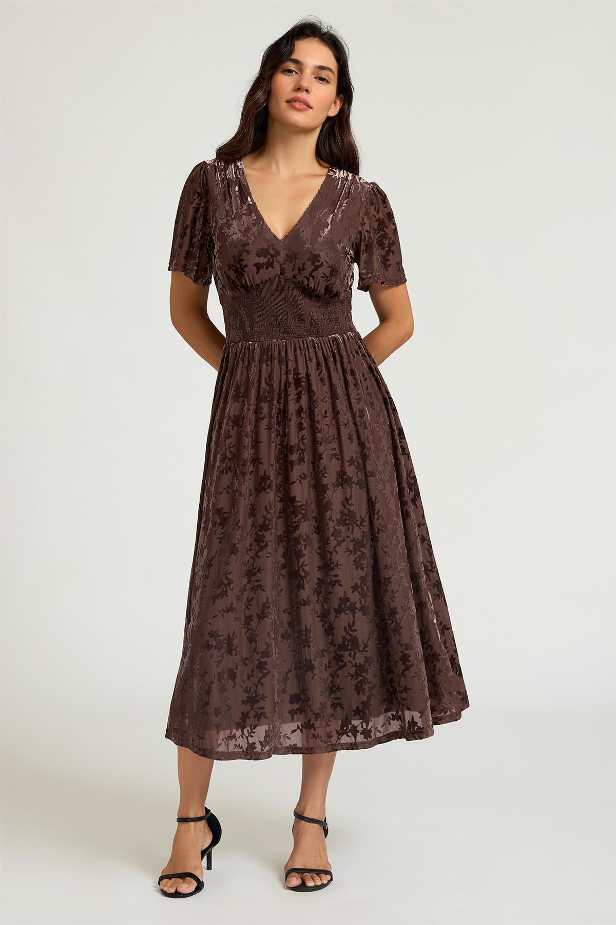 FS Collection Brown Velvet Burnout V-Neck Angel Sleeve Midi Dress