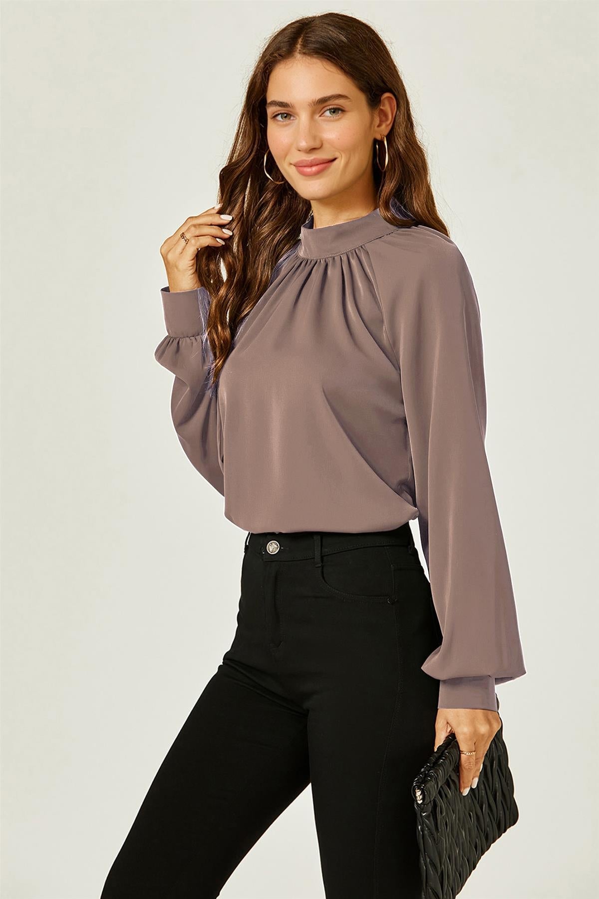 FS Collection Halter Neck Blouse Top In Taupe Brown