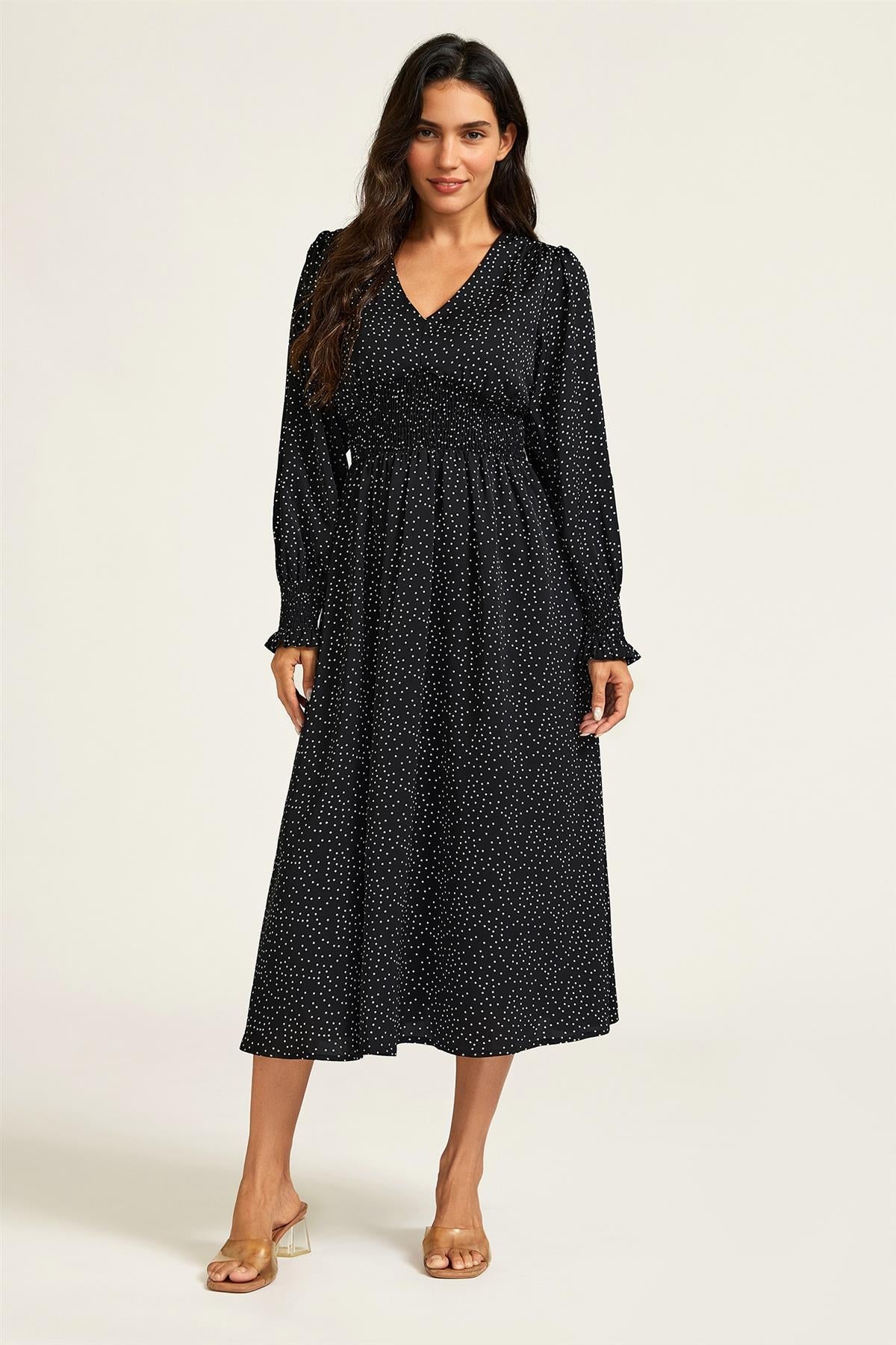 FS Collection Polka Dot Print Long Sleeve Midi Dress In Black