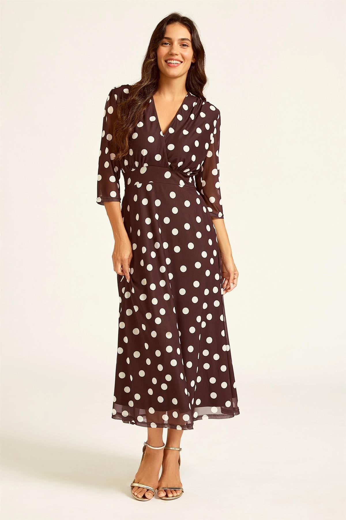 FS Collection Polka Dot Mesh Wrap Neck 3/4 Sleeve Midi Dress In Brown