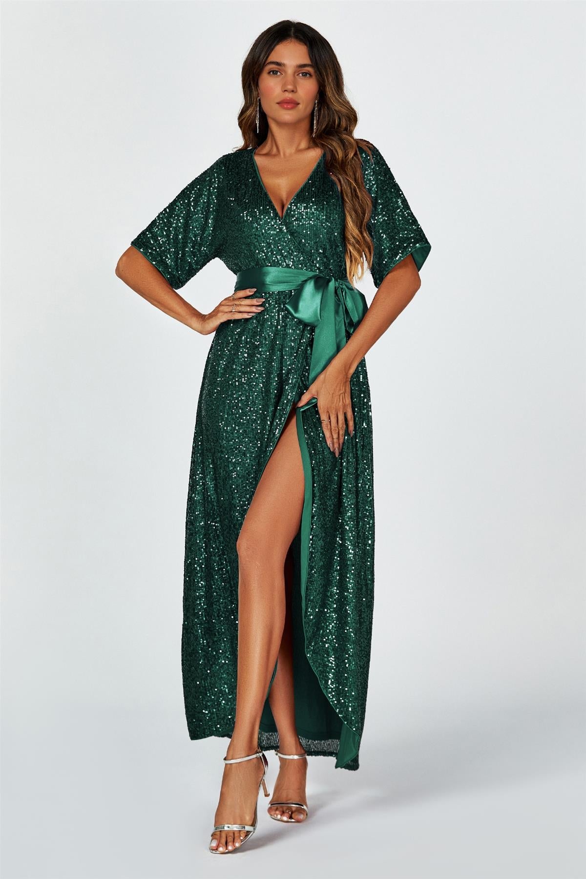 FS Collection Wrap Style Sequin Maxi Dress In Green